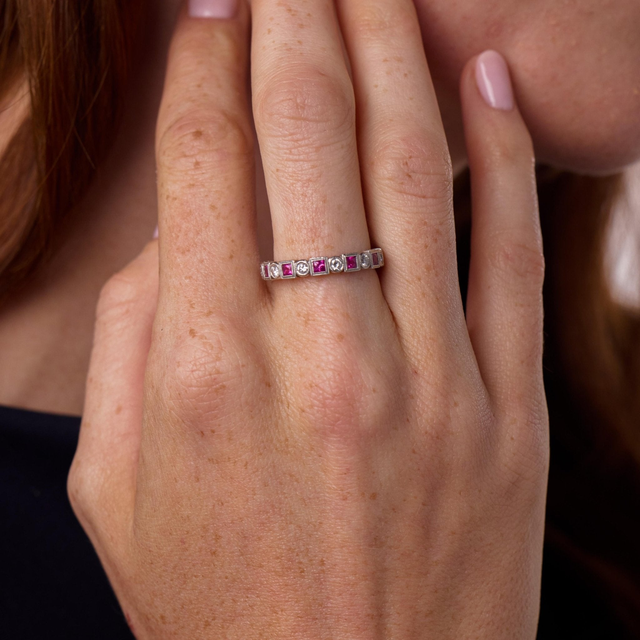 Vintage 1.10 carat pink sapphire diamond platinum band