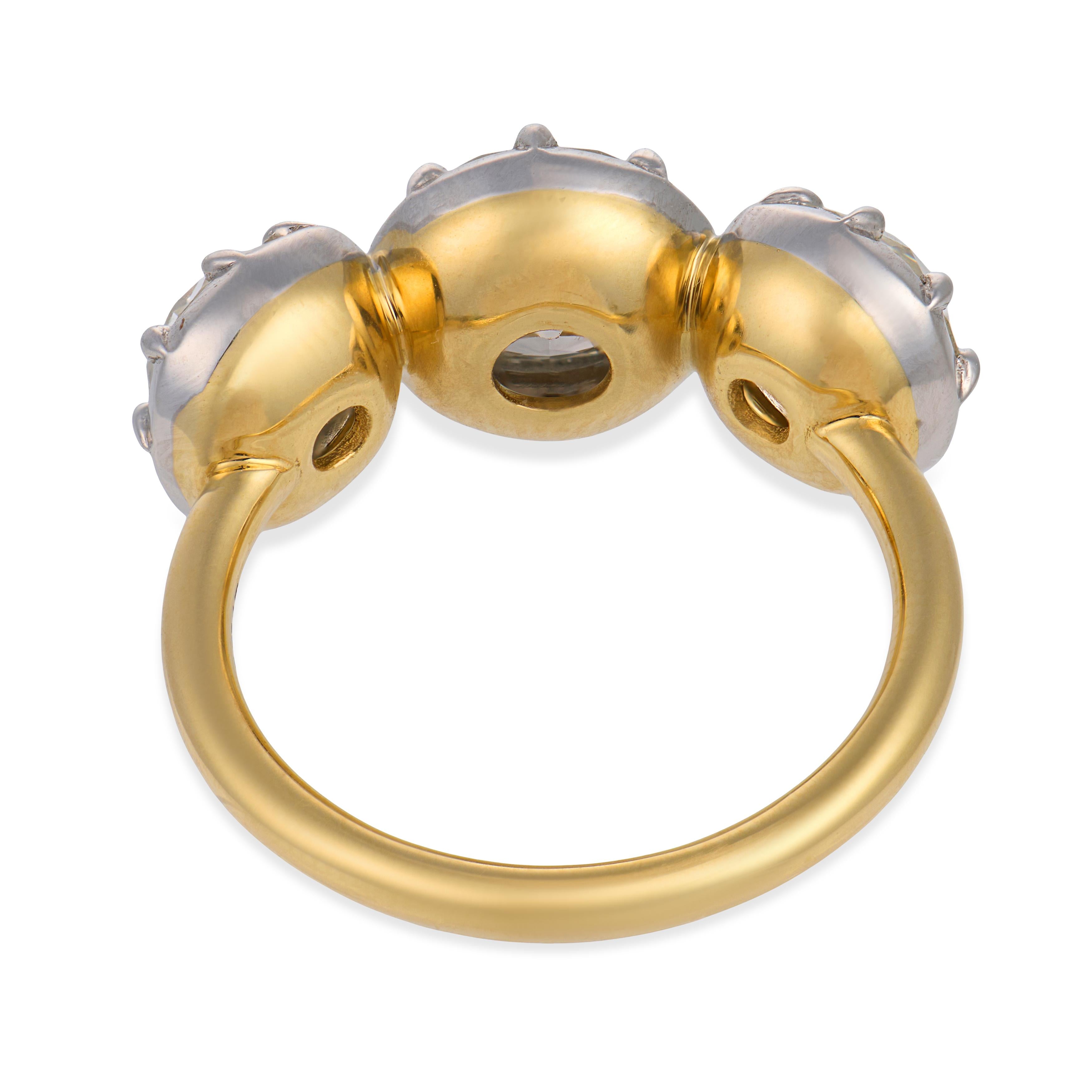 GIA 4.58 carat old cut diamond 18k yellow gold colette set three stone ring