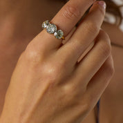 GIA 4.58 carat old cut diamond 18k yellow gold colette set three stone ring