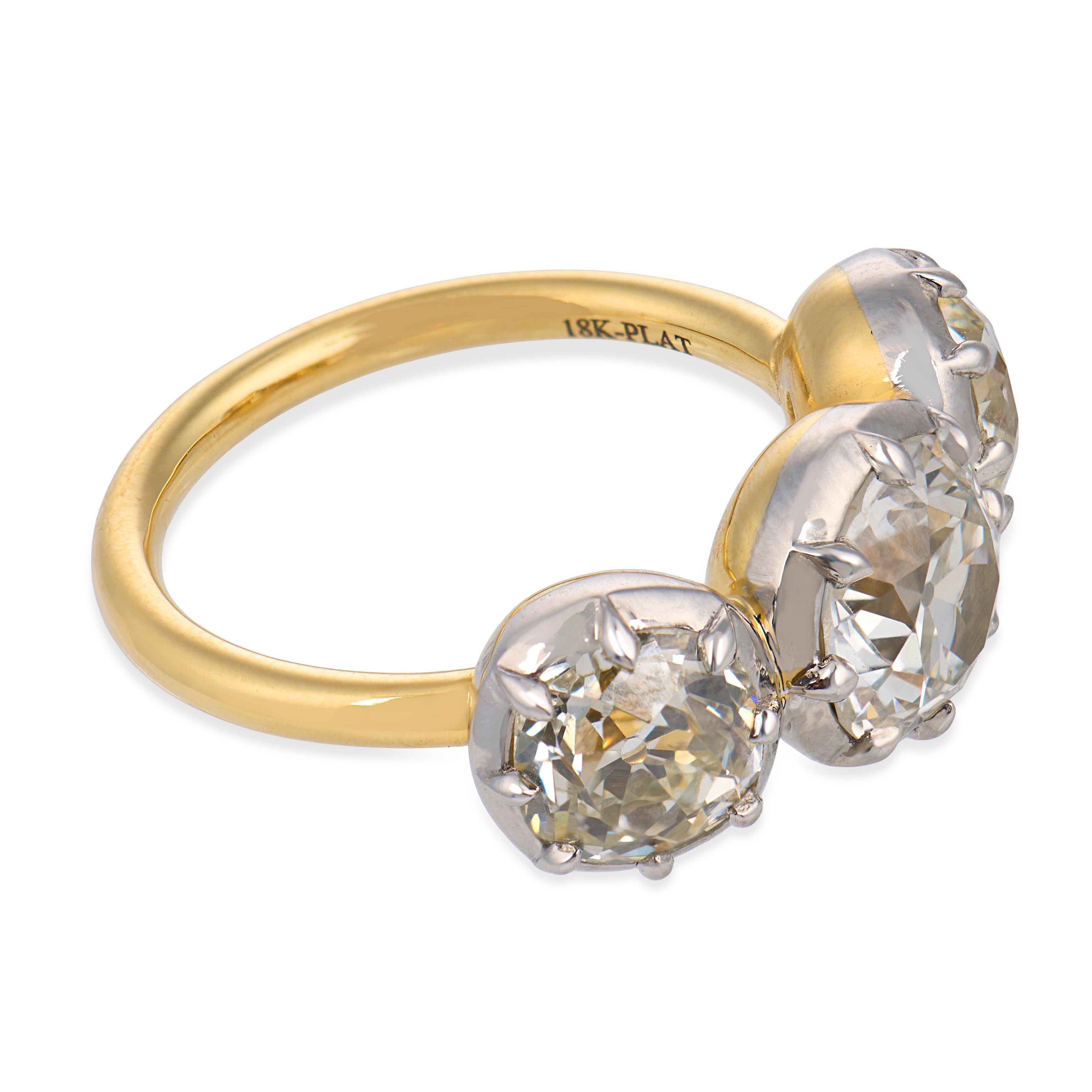 GIA 4.58 carat old cut diamond 18k yellow gold colette set three stone ring
