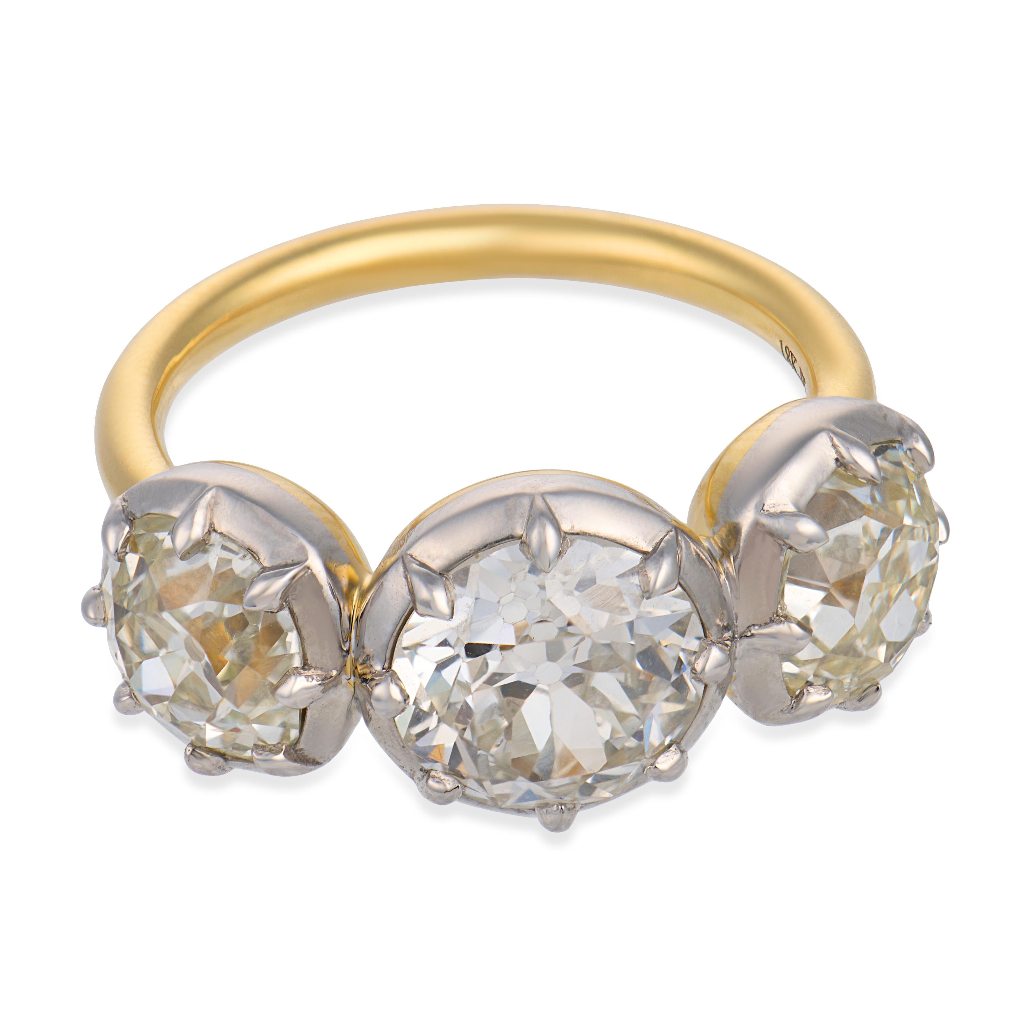 GIA 4.58 carat old cut diamond 18k yellow gold colette set three stone ring