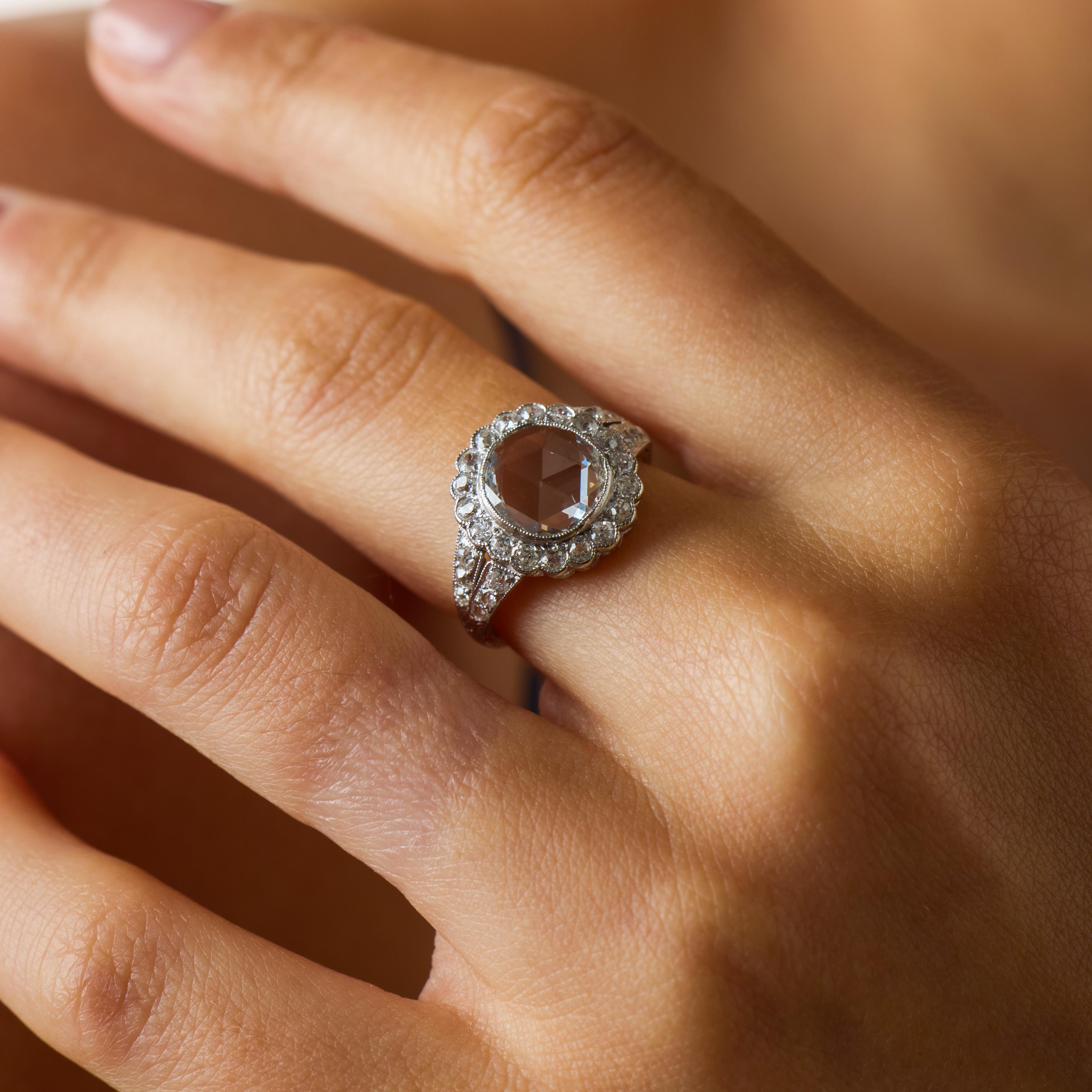 Edwardian GIA 0.91 carat rose cut diamond platinum cluster engagement ring