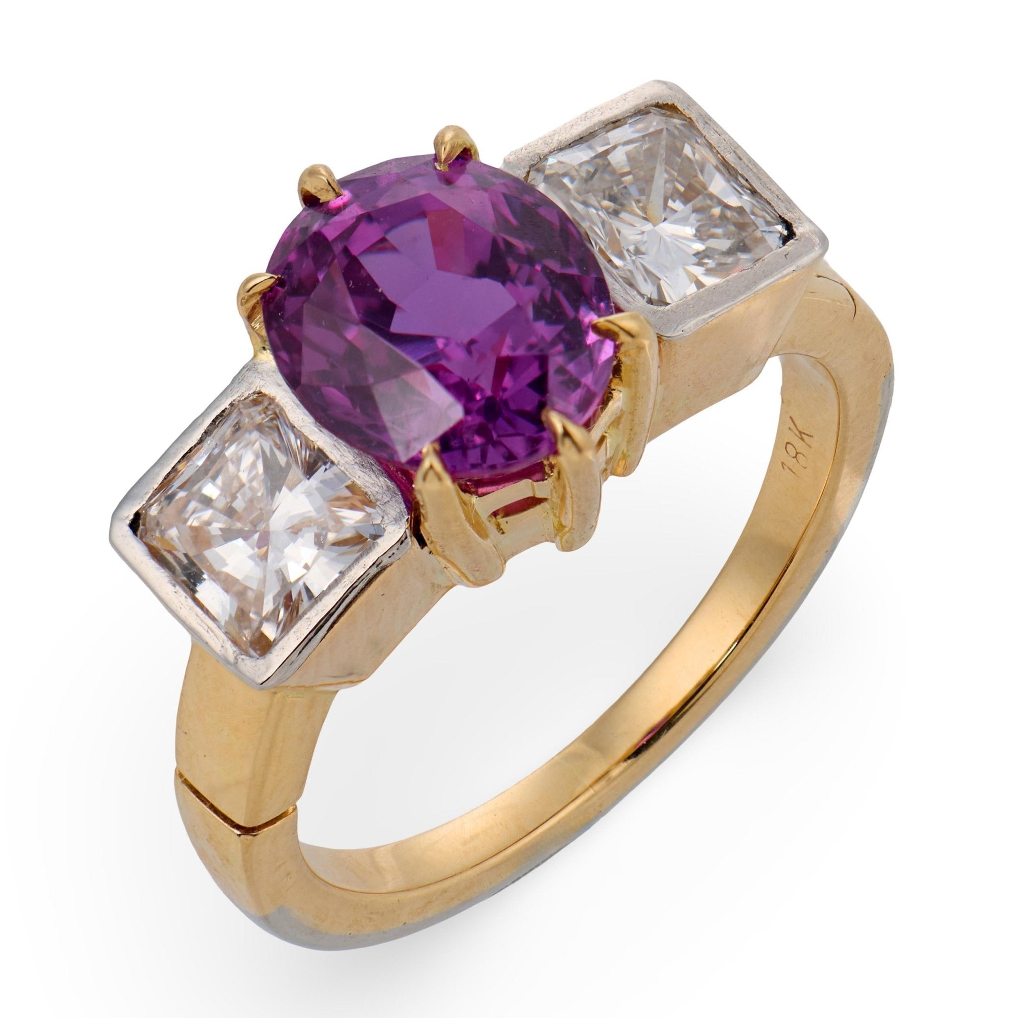 Vintage GIA 2.65 carat purple sapphire diamond 18k yellow gold ring