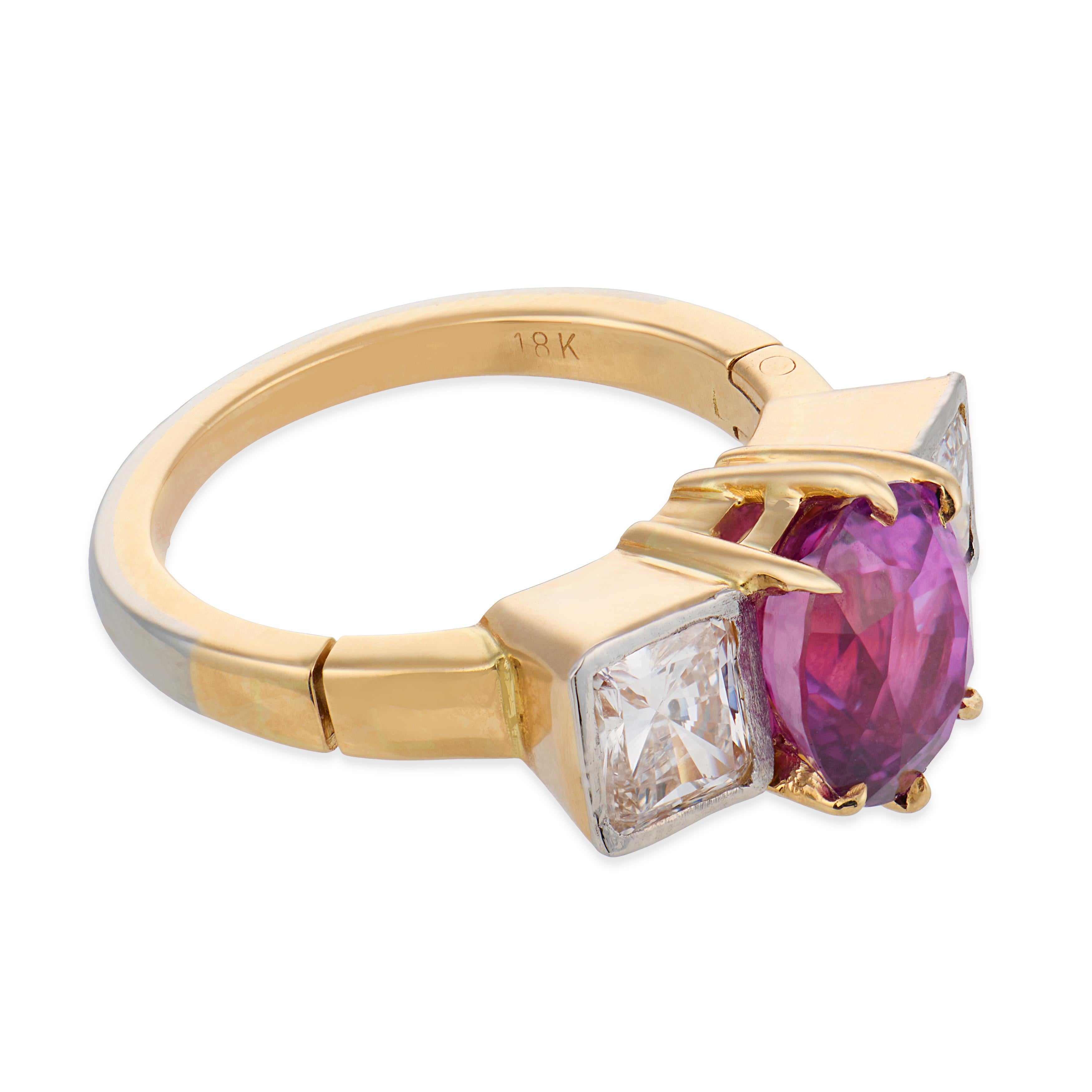 Vintage GIA 2.65 carat purple sapphire diamond 18k yellow gold ring
