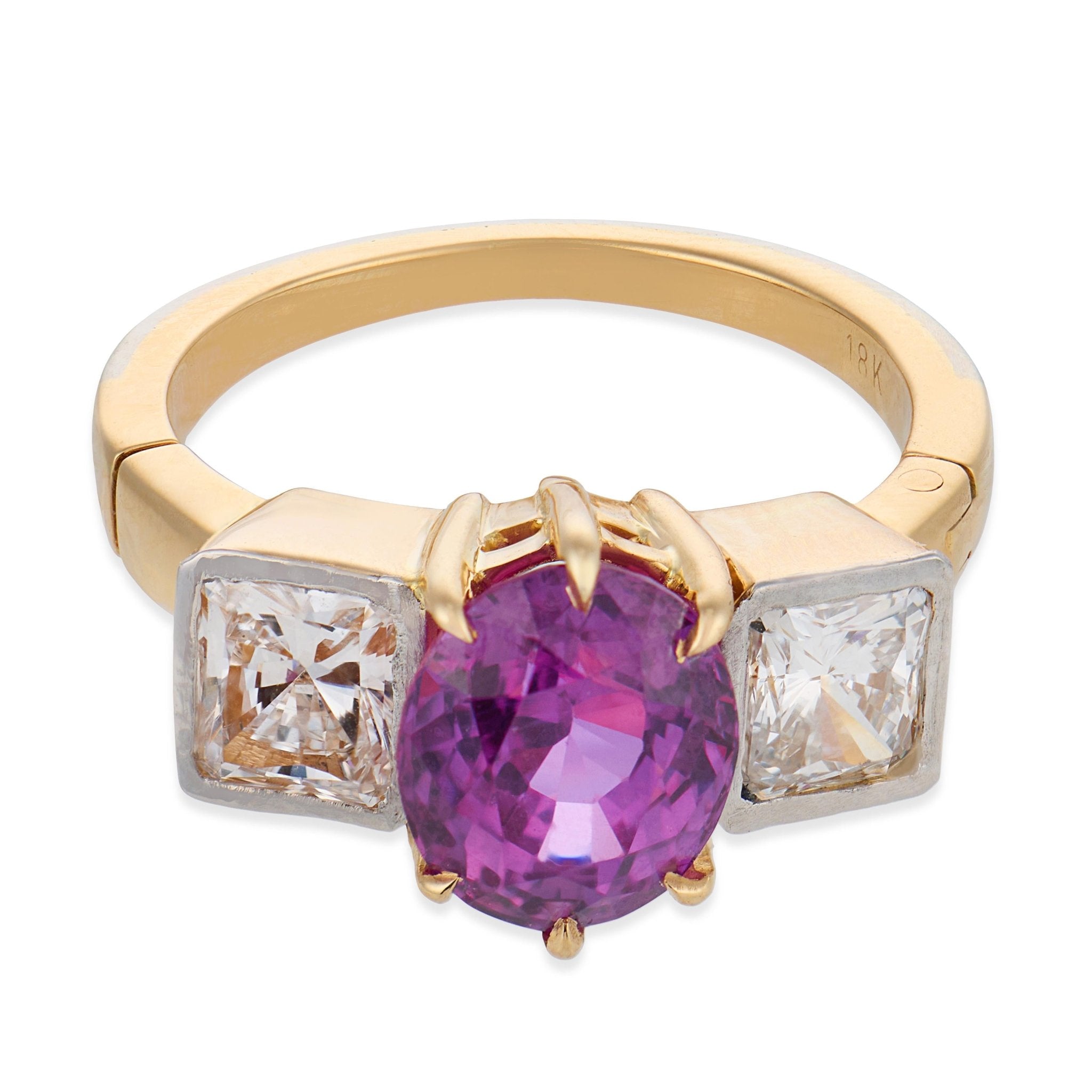 Vintage GIA 2.65 carat purple sapphire diamond 18k yellow gold ring