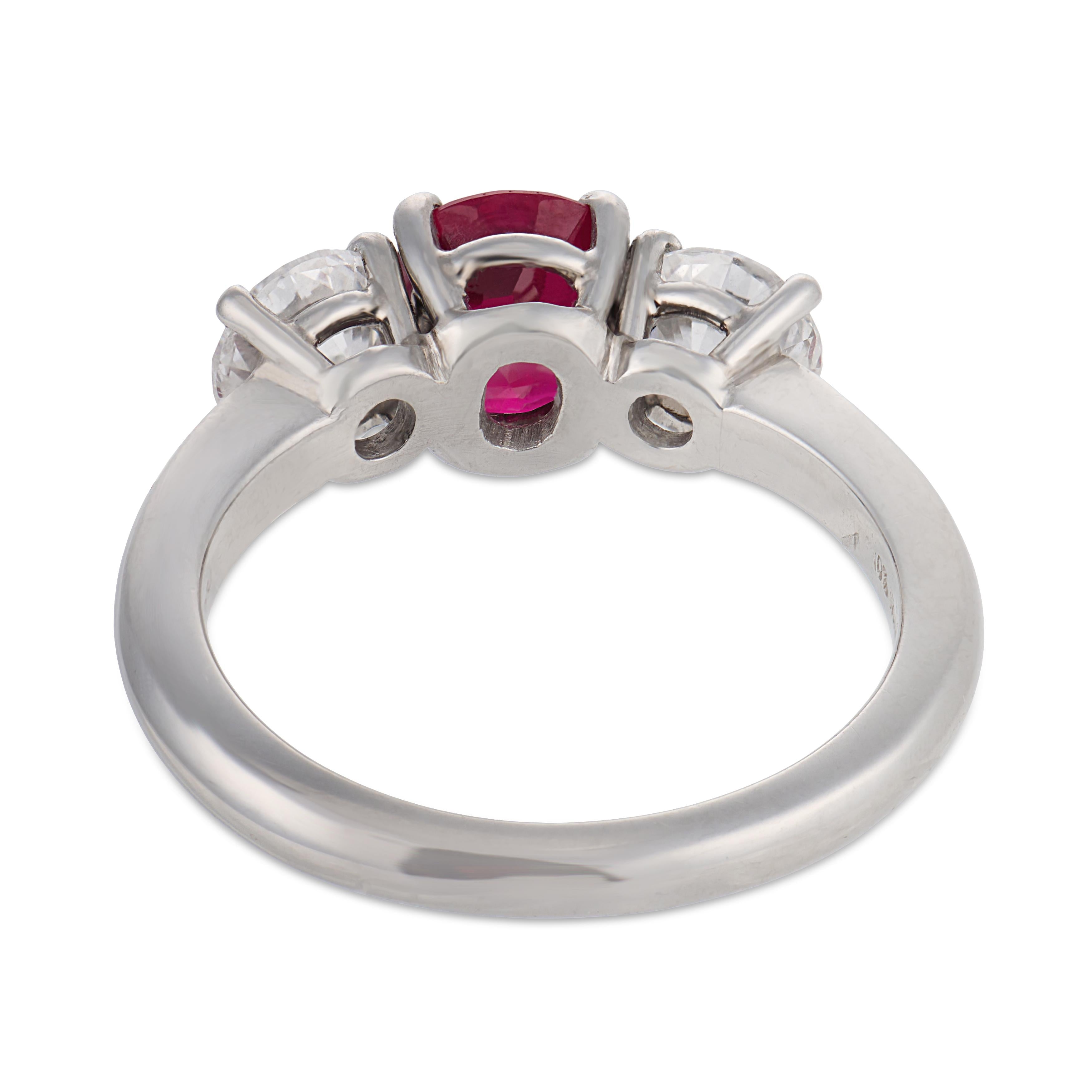 Vintage GIA 1.25 carat Burma ruby diamond platinum three stone ring