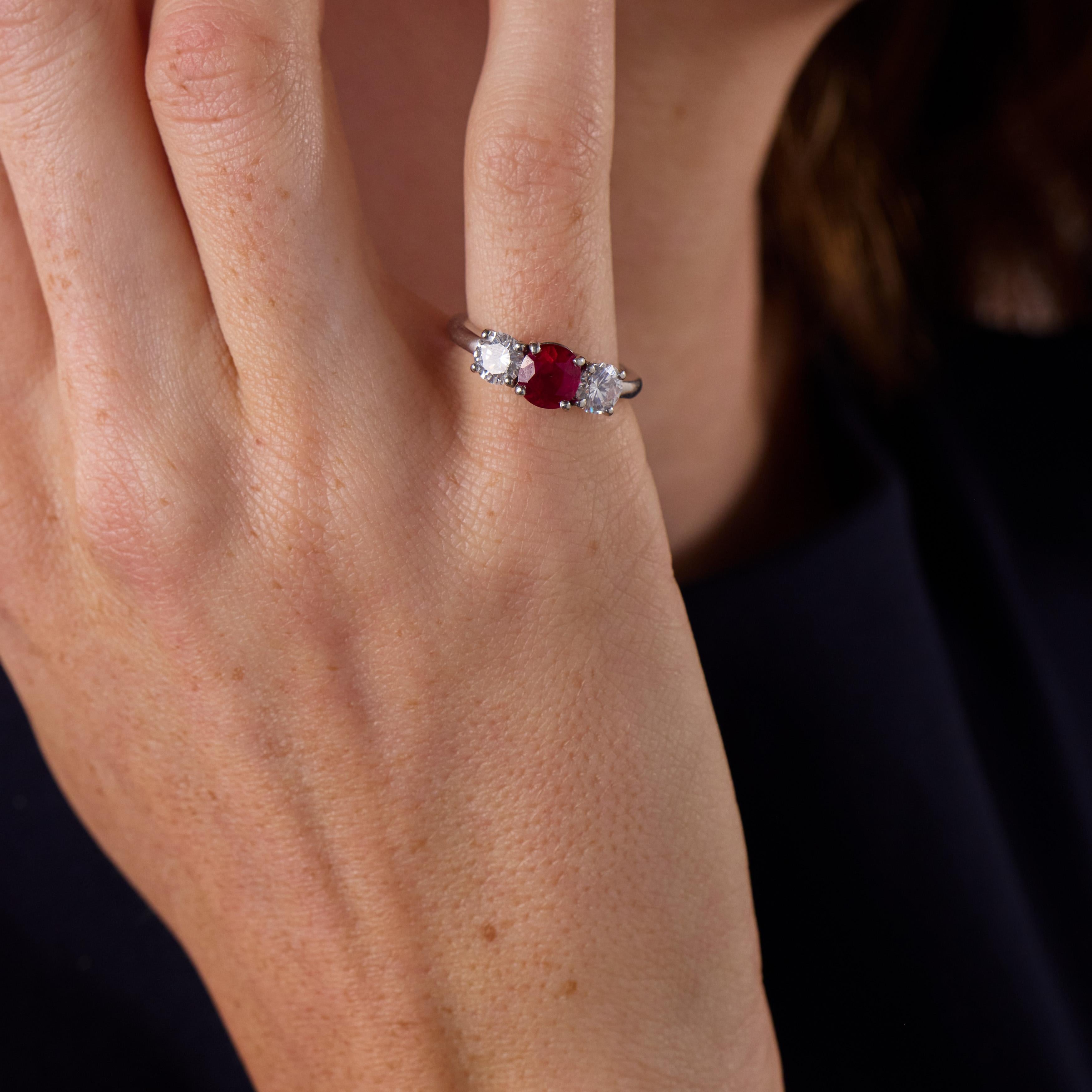 Vintage GIA 1.25 carat Burma ruby diamond platinum three stone ring