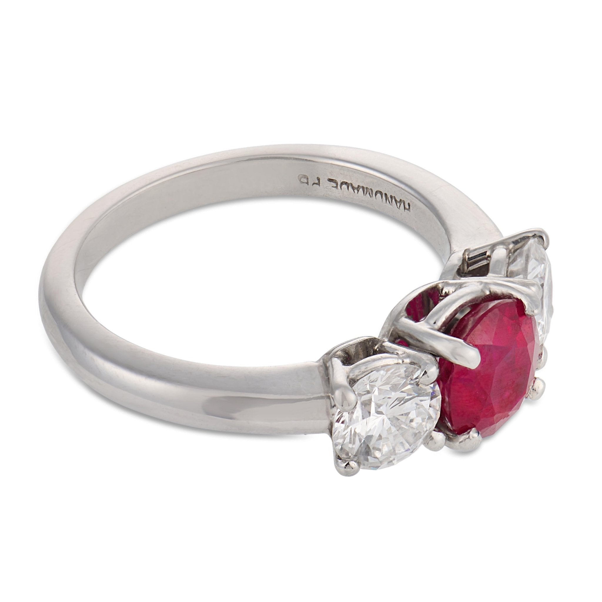 Vintage GIA 1.25 carat Burma ruby diamond platinum three stone ring