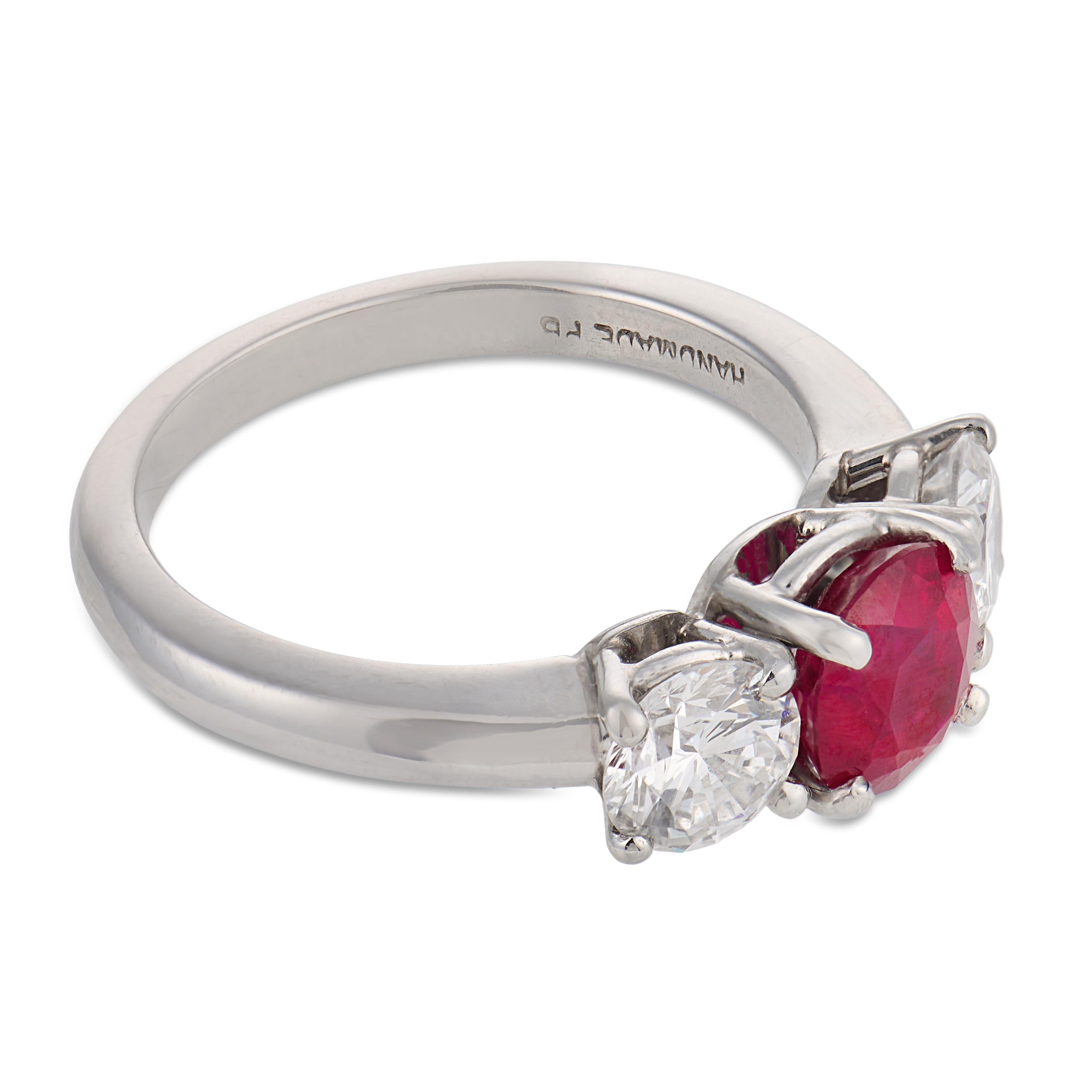Vintage GIA 1.25 carat Burma ruby diamond platinum three stone ring