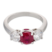 Vintage GIA 1.25 carat Burma ruby diamond platinum three stone ring