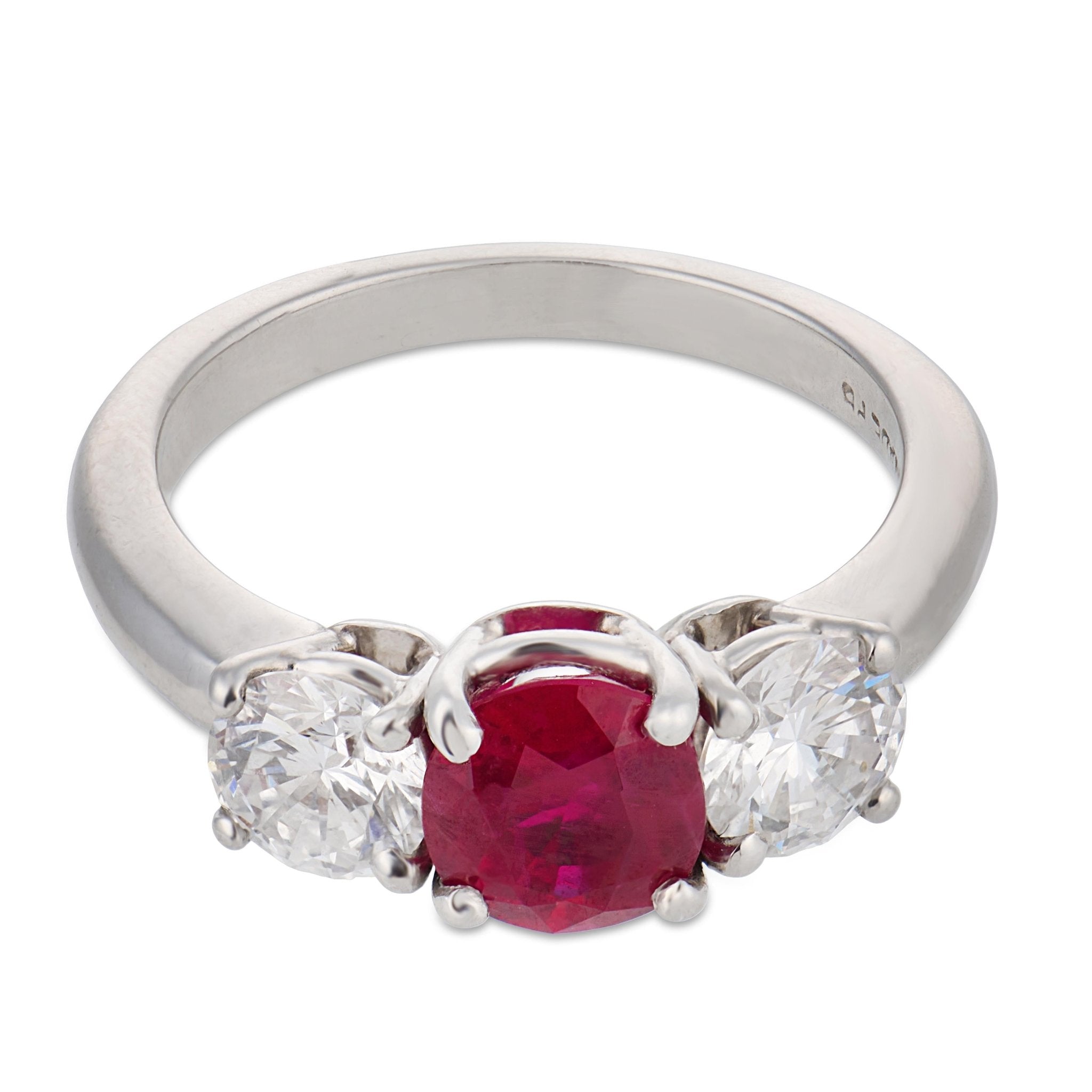 Vintage GIA 1.25 carat Burma ruby diamond platinum three stone ring