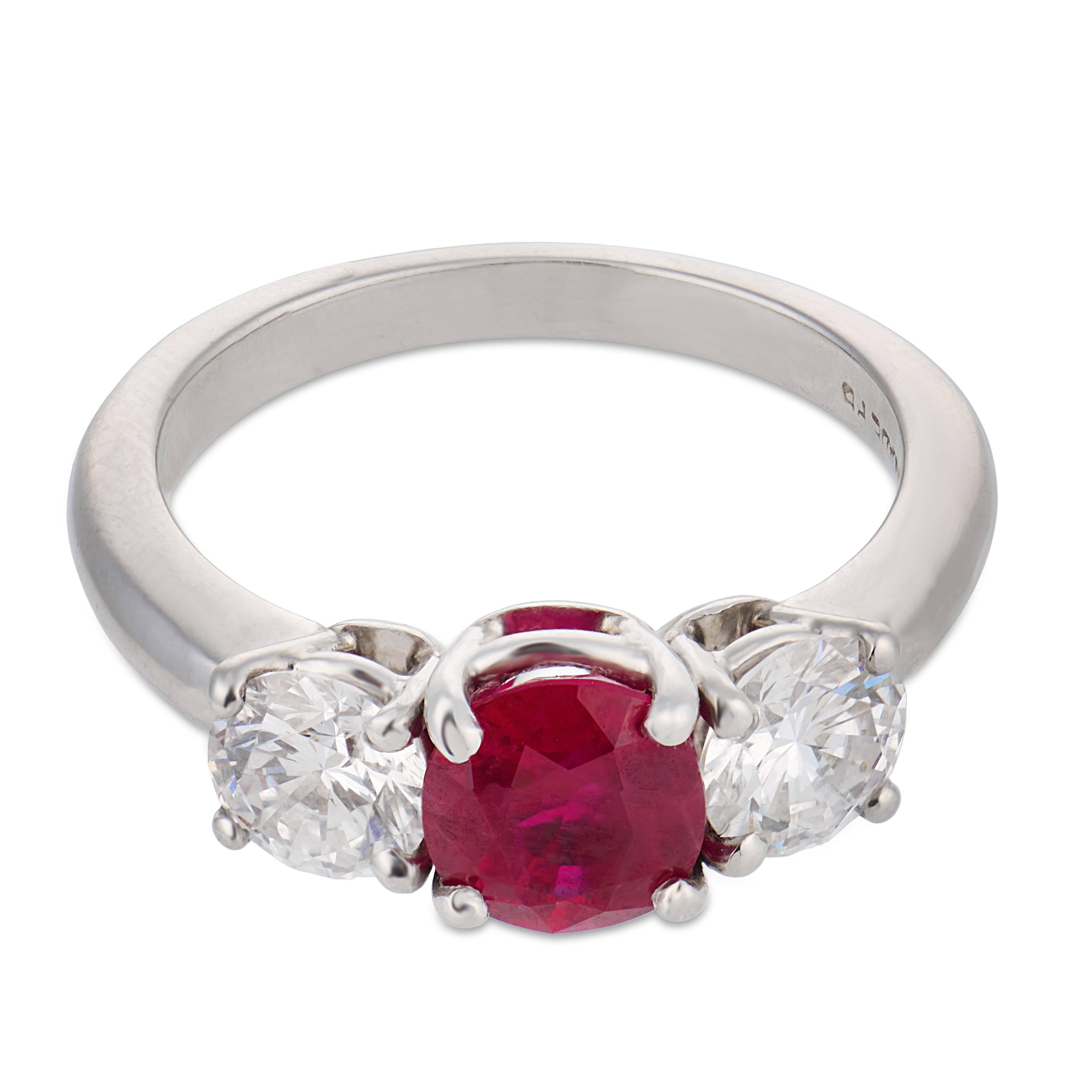 Vintage GIA 1.25 carat Burma ruby diamond platinum three stone ring