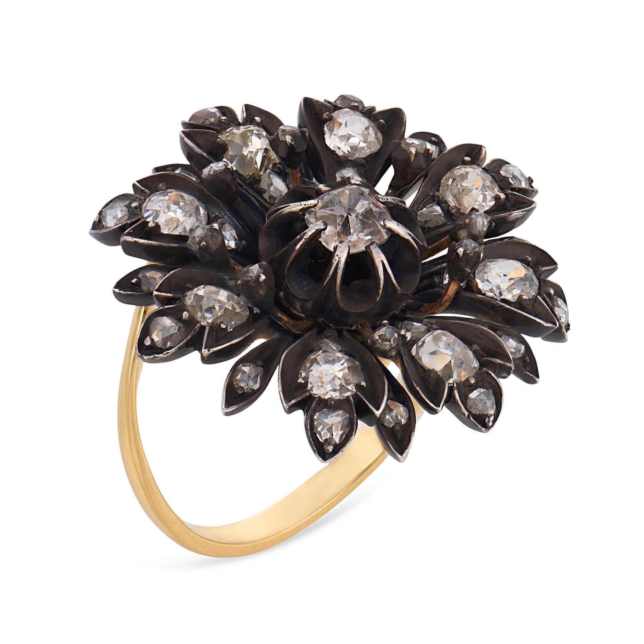 Victorian 2.60 carat diamond 18k yellow gold silver flower ring