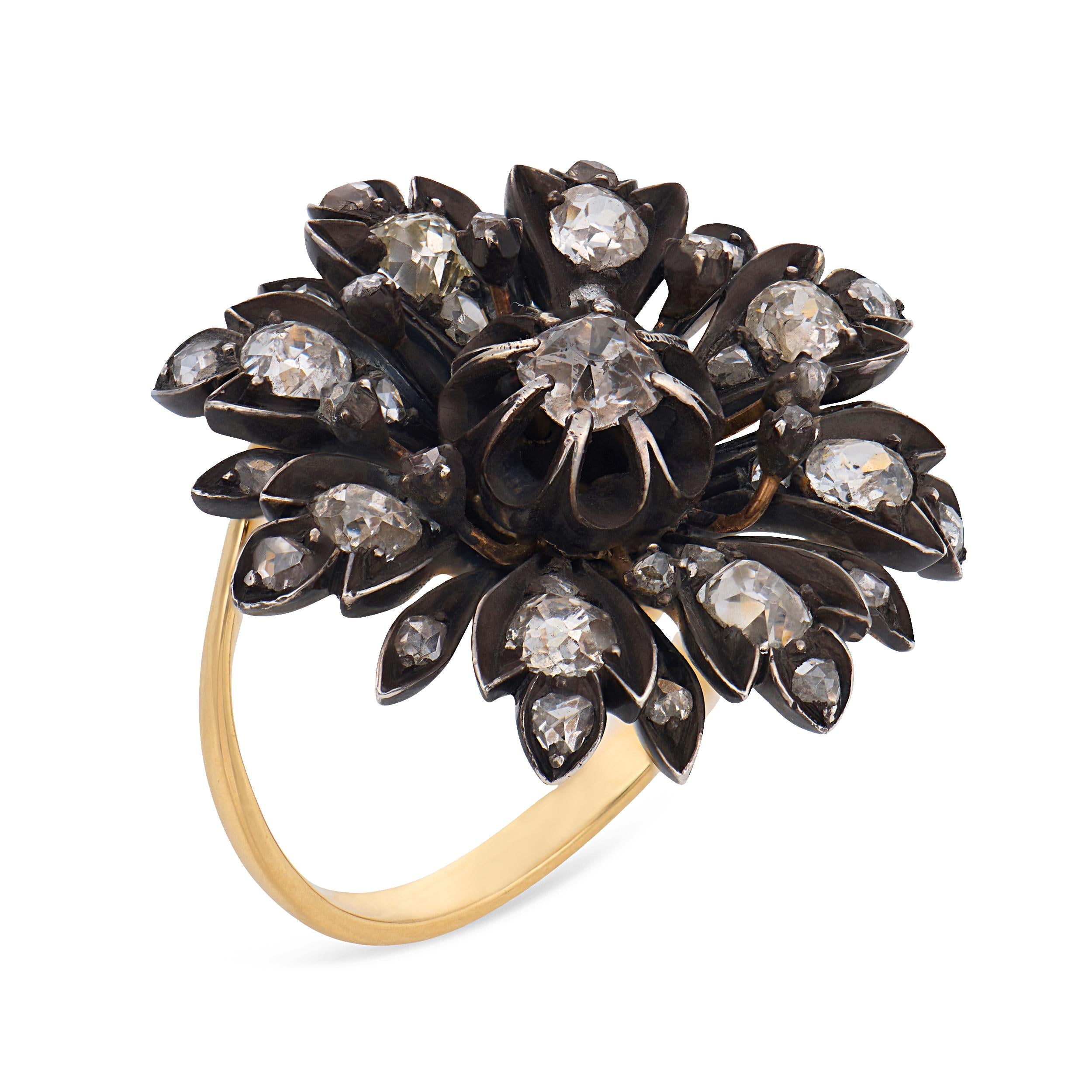 Victorian 2.60 carat diamond 18k yellow gold silver flower ring