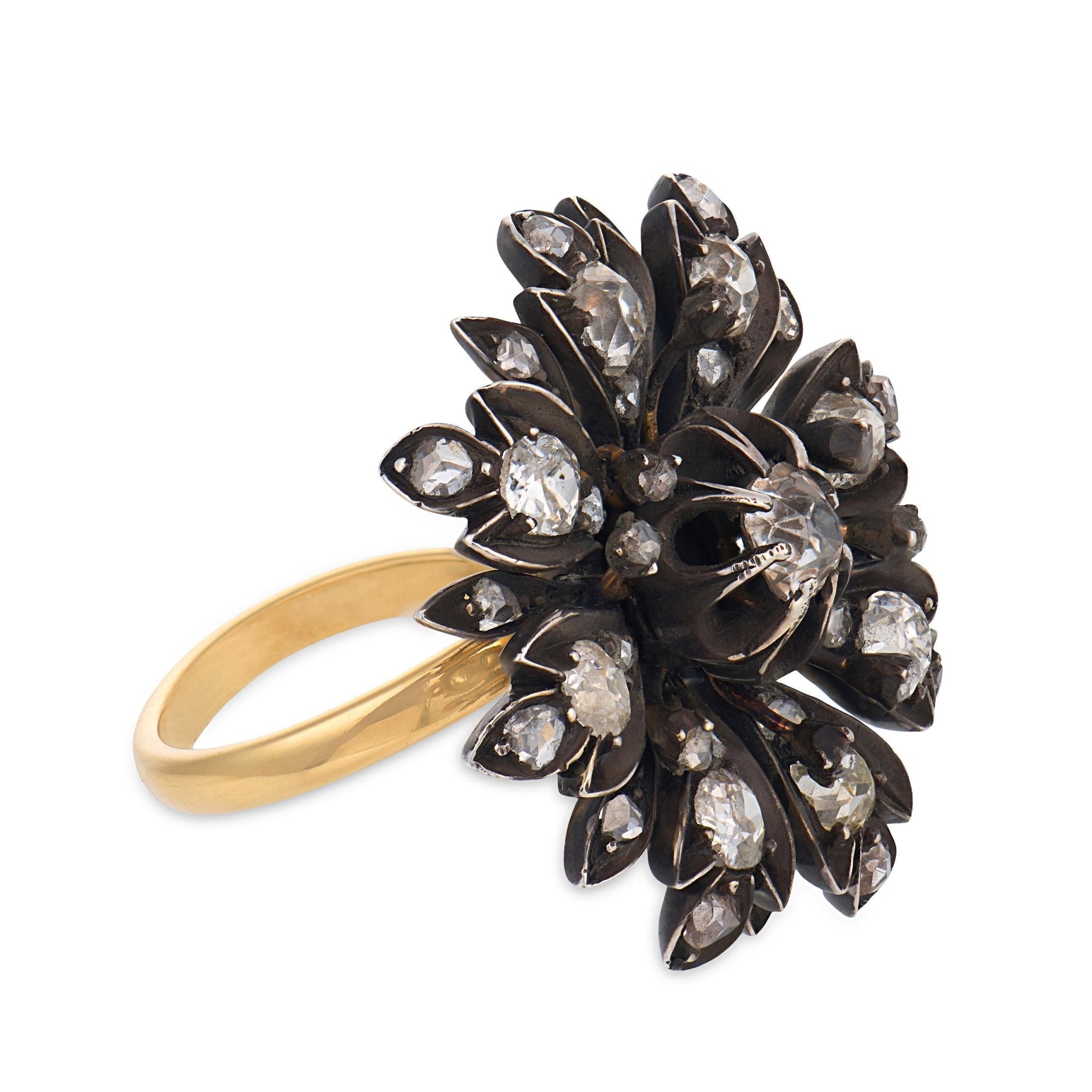 Victorian 2.60 carat diamond 18k yellow gold silver flower ring