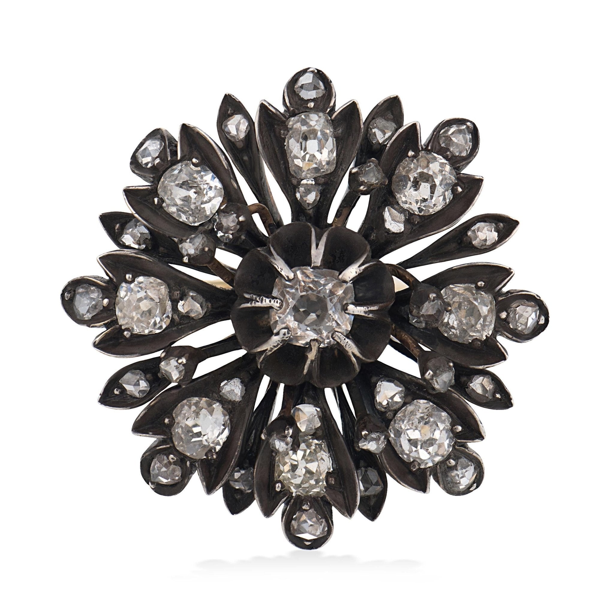 Victorian 2.60 carat diamond 18k yellow gold silver flower ring