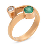 Vintage old European cut diamond emerald 18k rose gold Toi et Moi ring