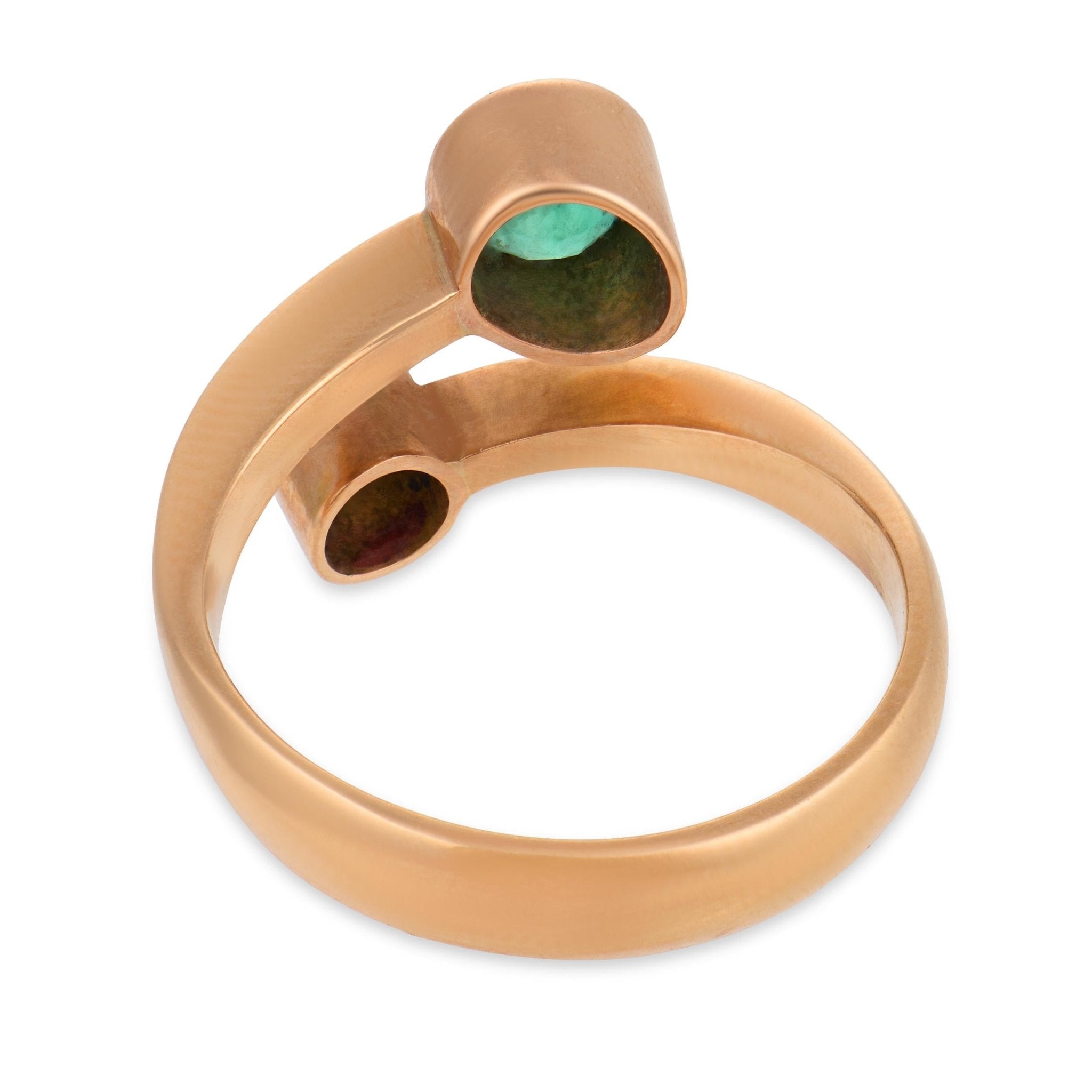 Vintage old European cut diamond emerald 18k rose gold Toi et Moi ring