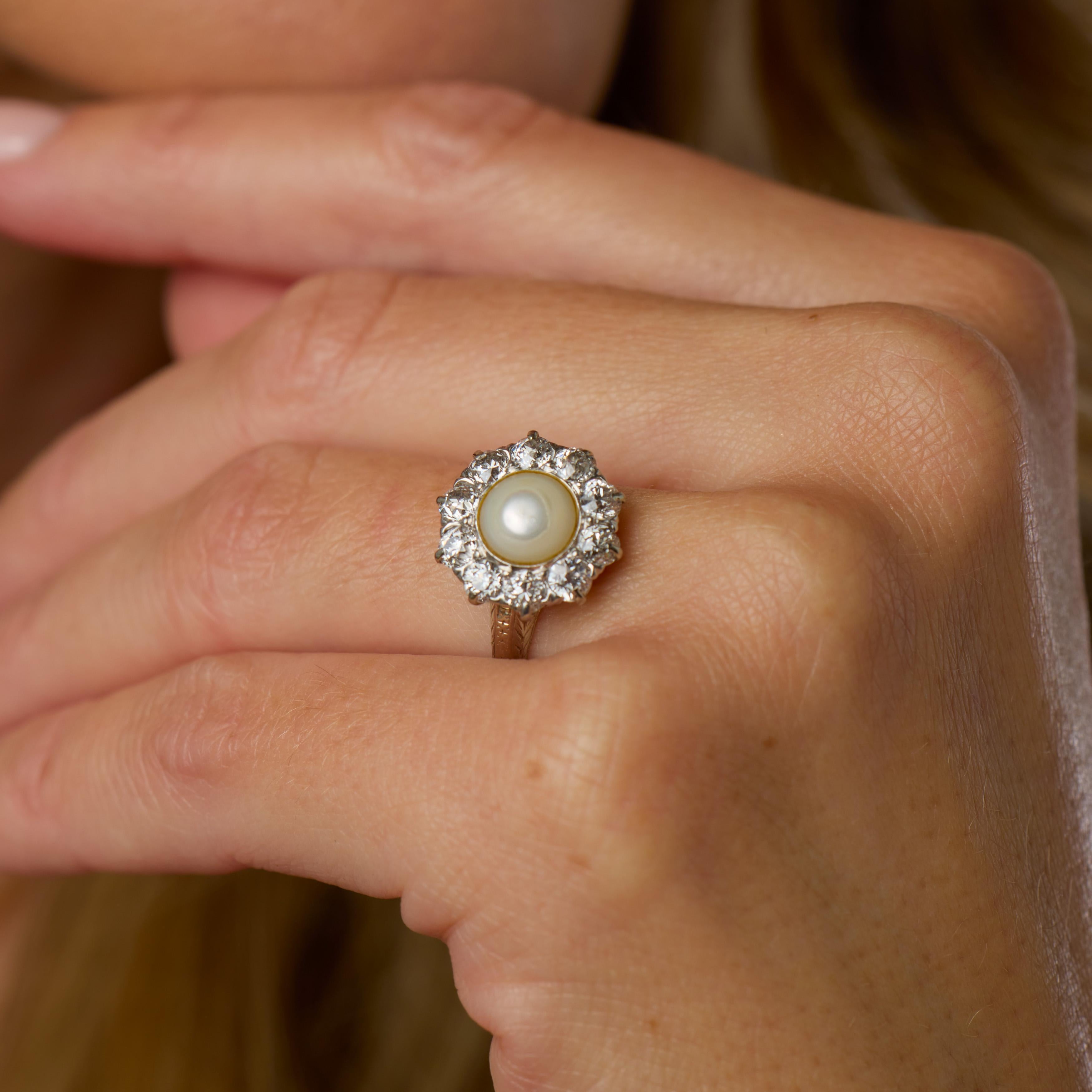 Edwardian pearl diamond 18k white gold cluster ring