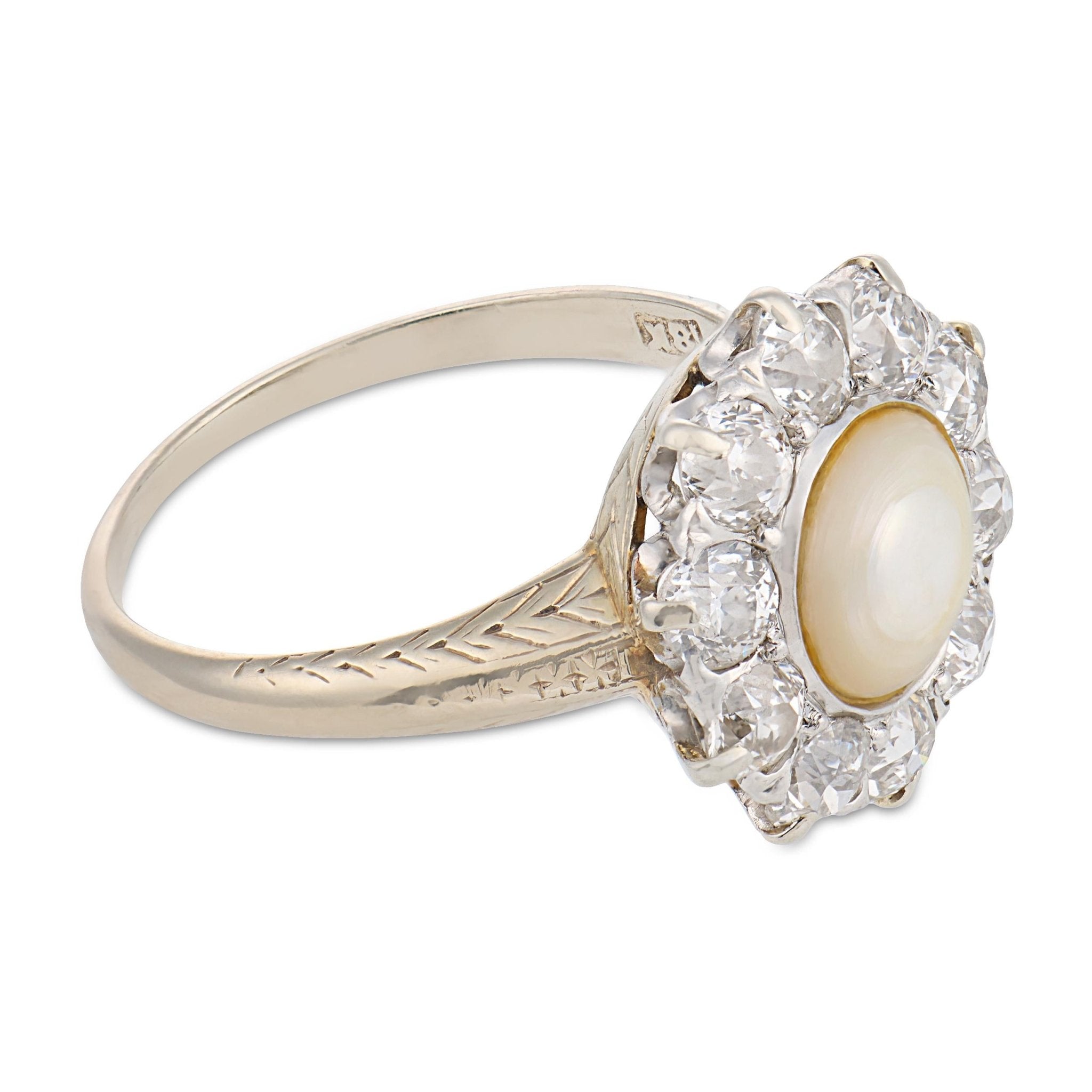 Edwardian pearl diamond 18k white gold cluster ring