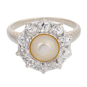 Edwardian pearl diamond 18k white gold cluster ring