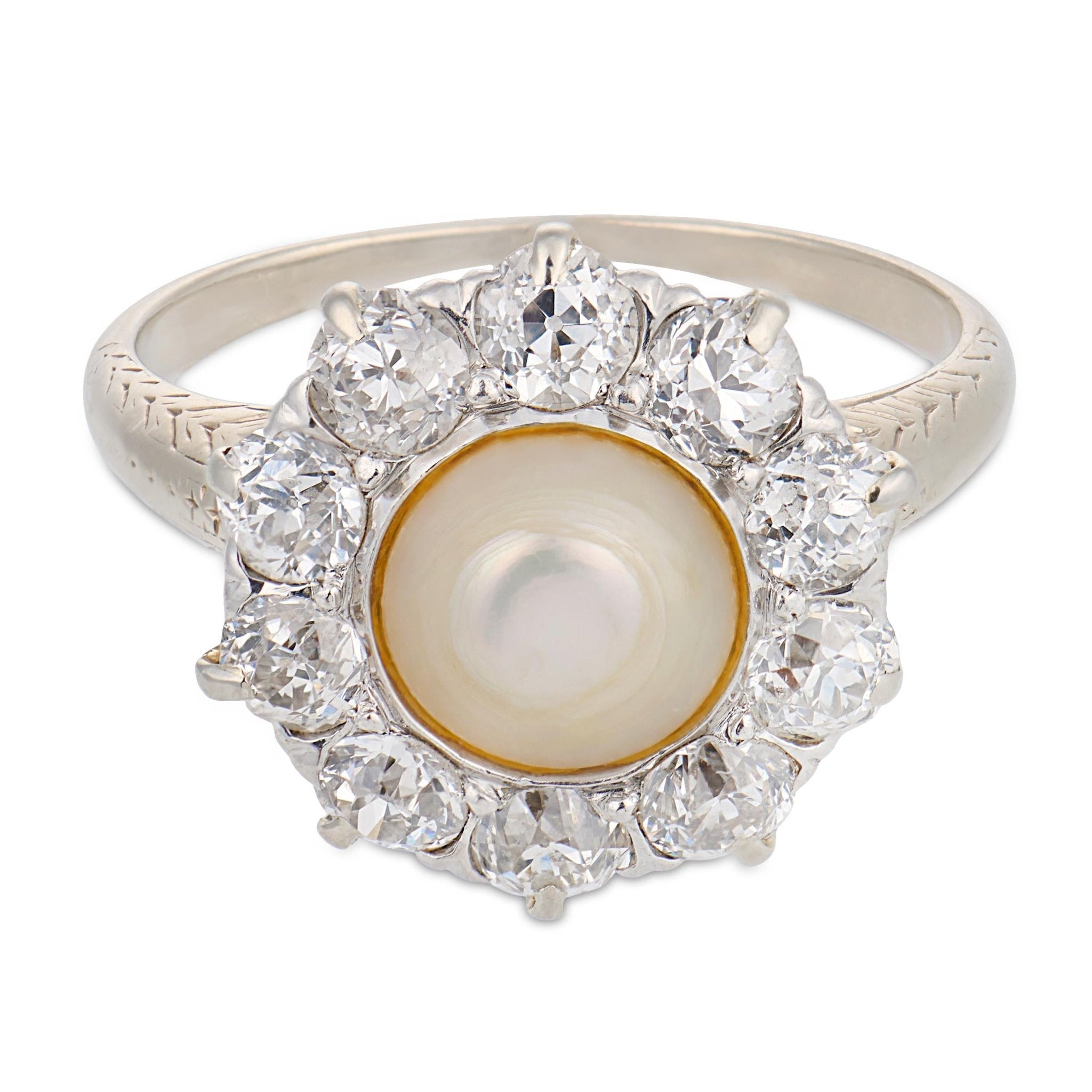 Edwardian pearl diamond 18k white gold cluster ring