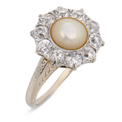 Edwardian pearl diamond 18k white gold cluster ring