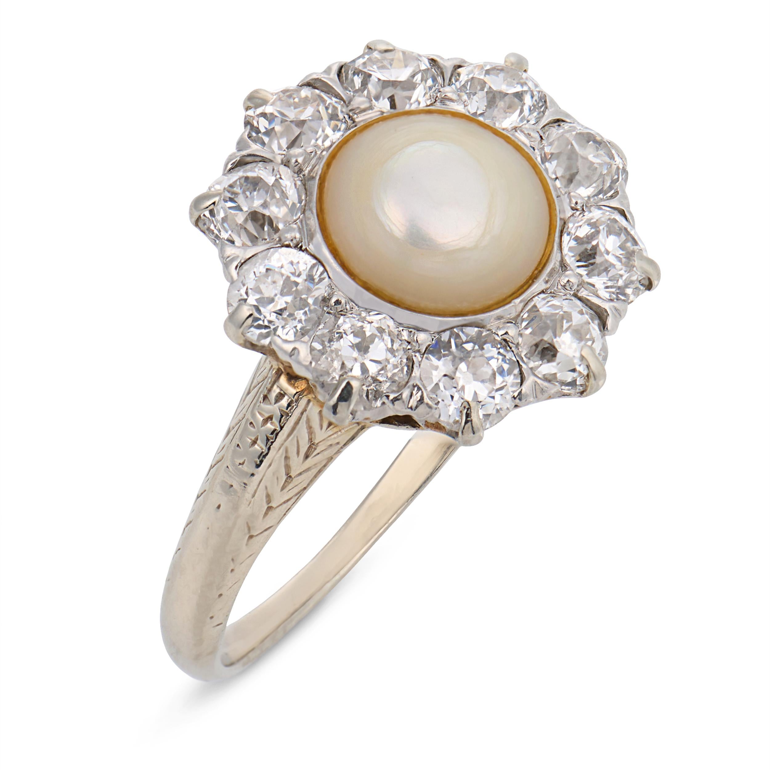Edwardian pearl diamond 18k white gold cluster ring