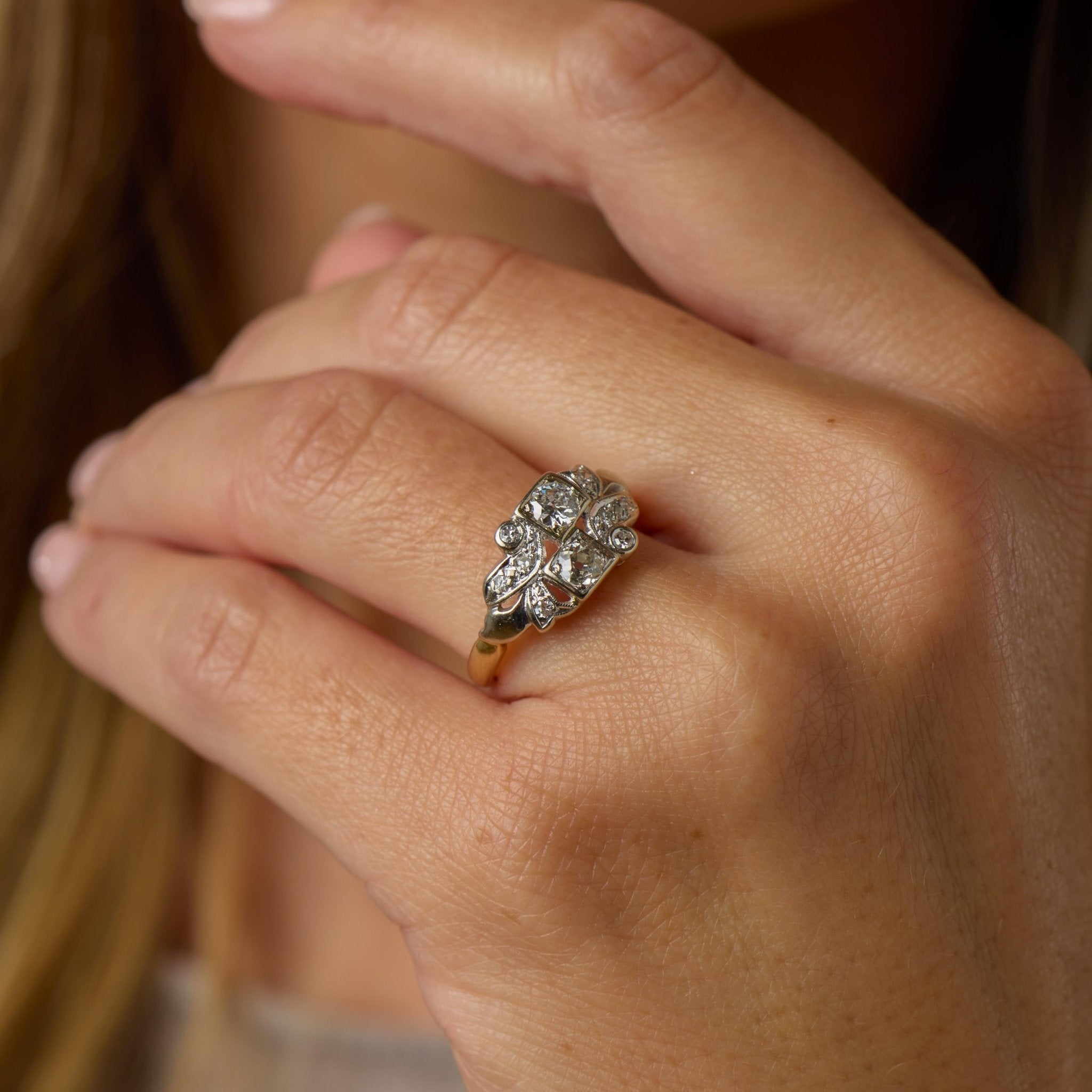 Retro old cut diamond 14k two tone gold ring