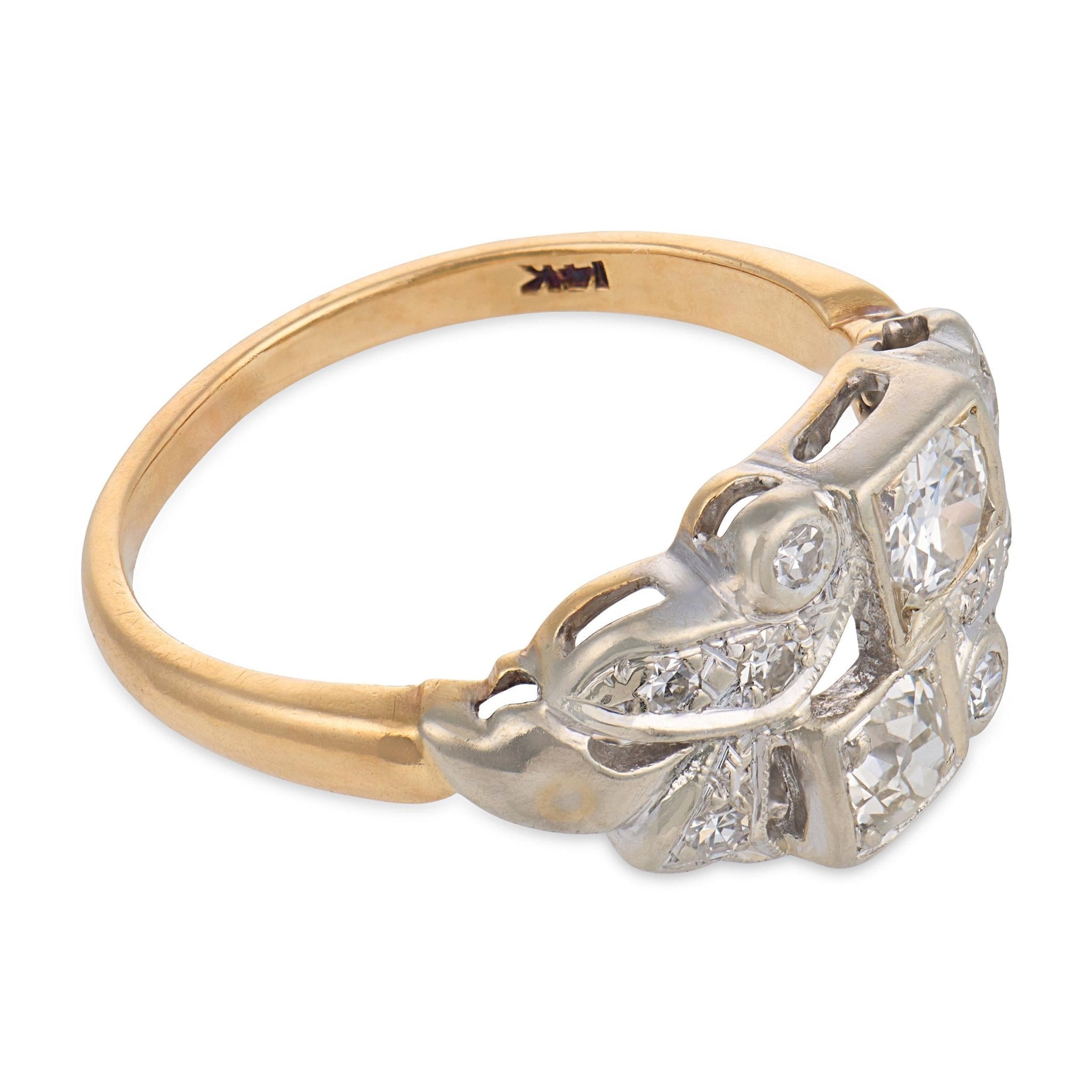 Retro old cut diamond 14k two tone gold ring