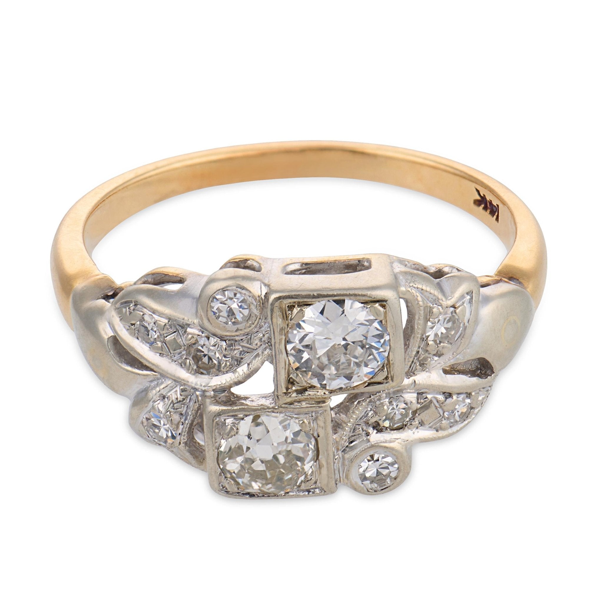 Retro old cut diamond 14k two tone gold ring
