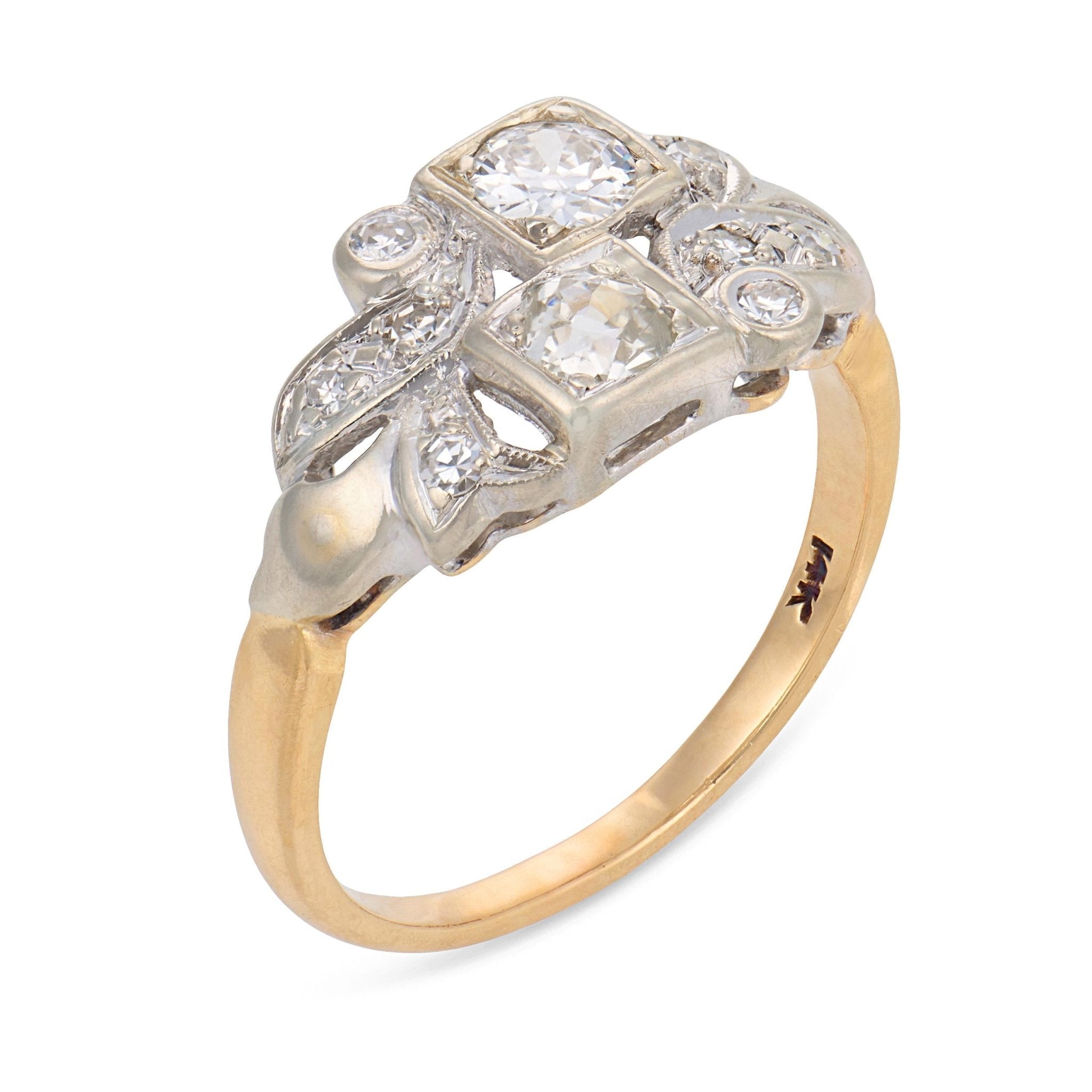 Retro old cut diamond 14k two tone gold ring