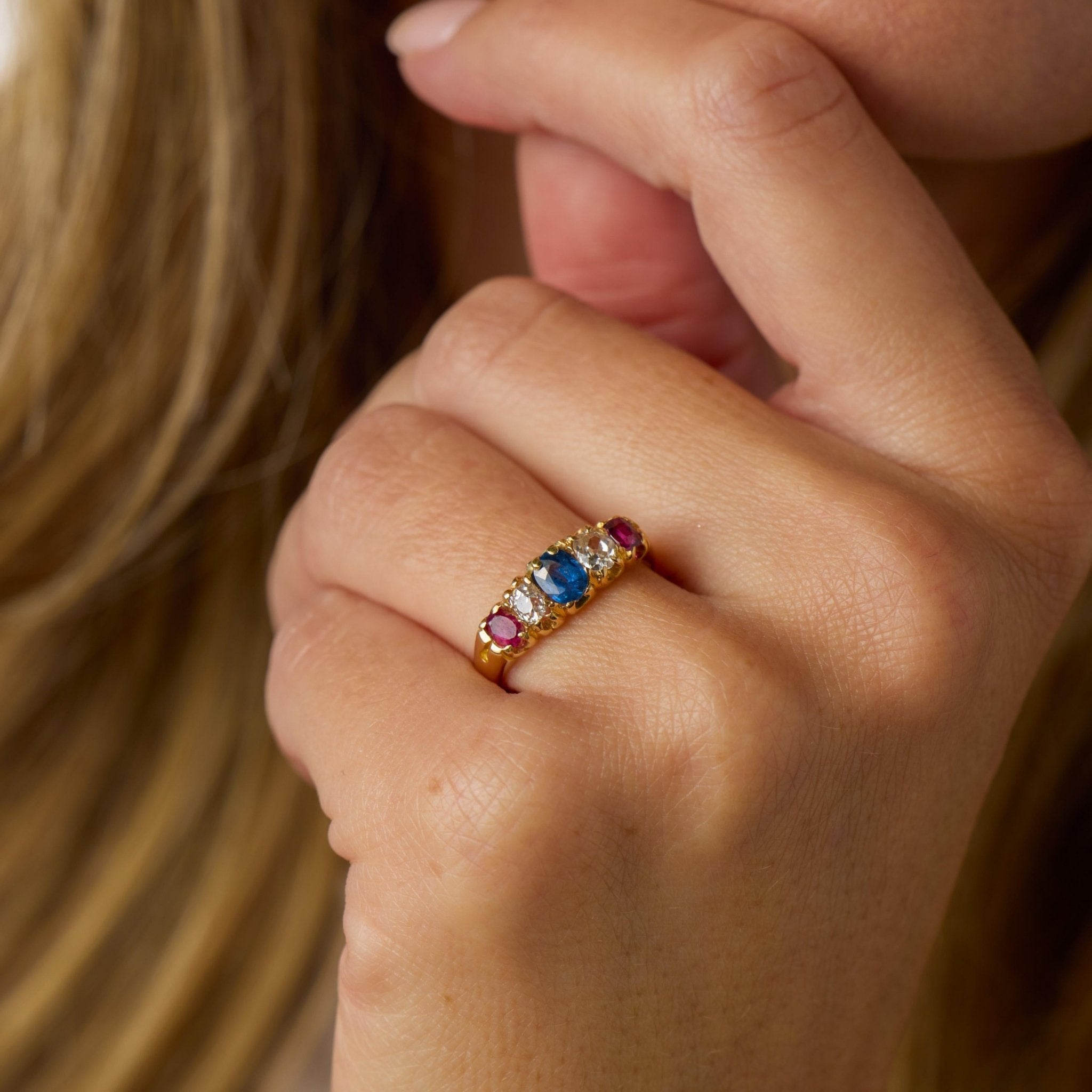 Victorian English sapphire ruby diamond 18k yellow gold five stone ring