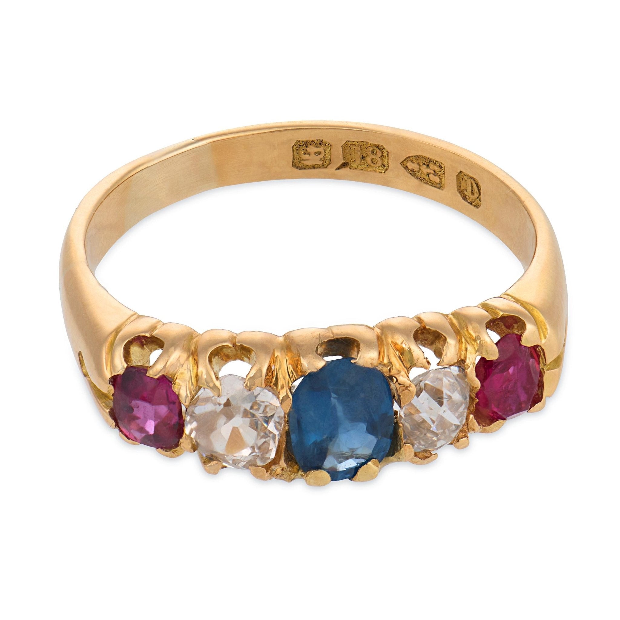 Victorian English sapphire ruby diamond 18k yellow gold five stone ring