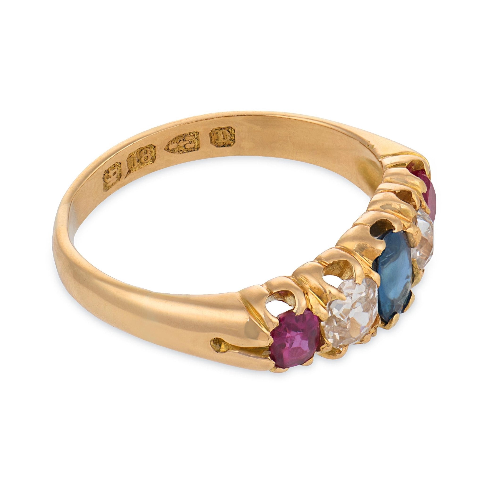 Victorian English sapphire ruby diamond 18k yellow gold five stone ring