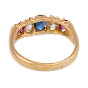 Victorian English sapphire ruby diamond 18k yellow gold five stone ring