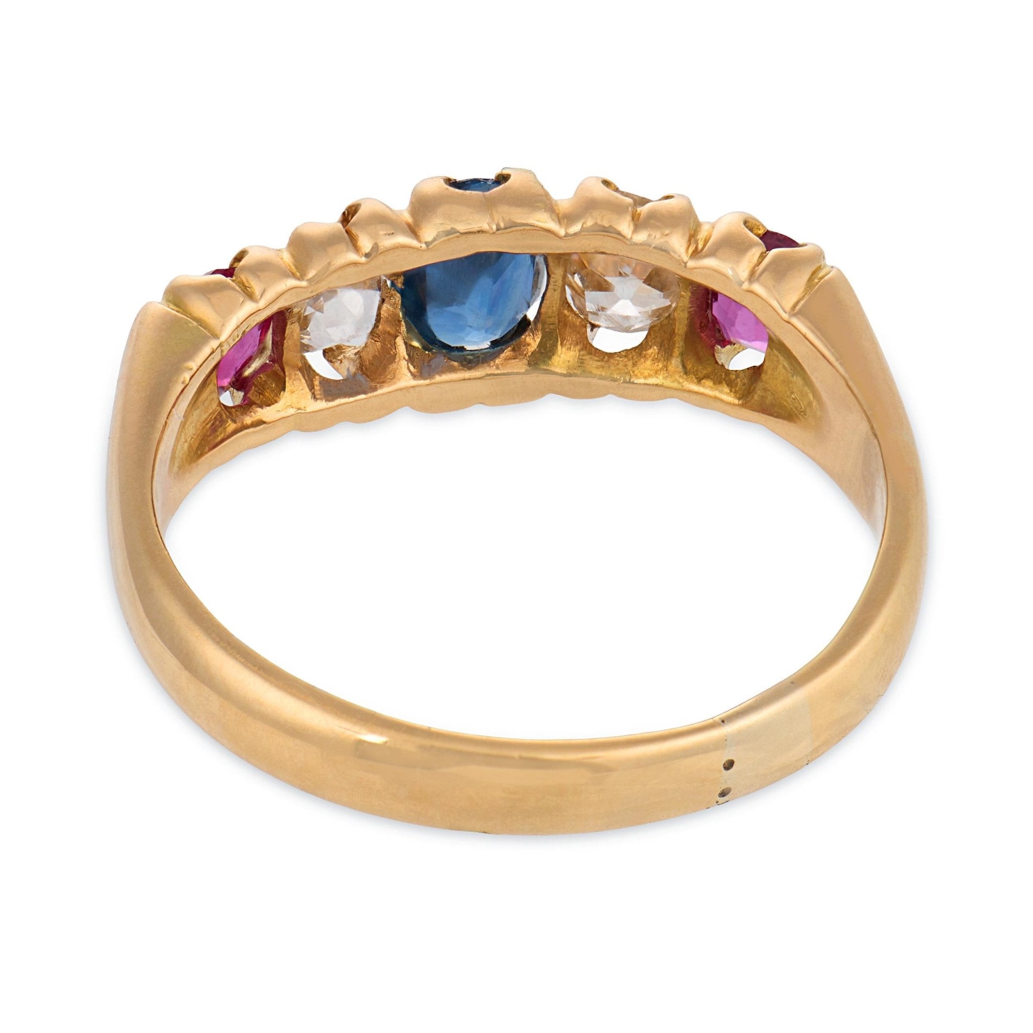 Victorian English sapphire ruby diamond 18k yellow gold five stone ring