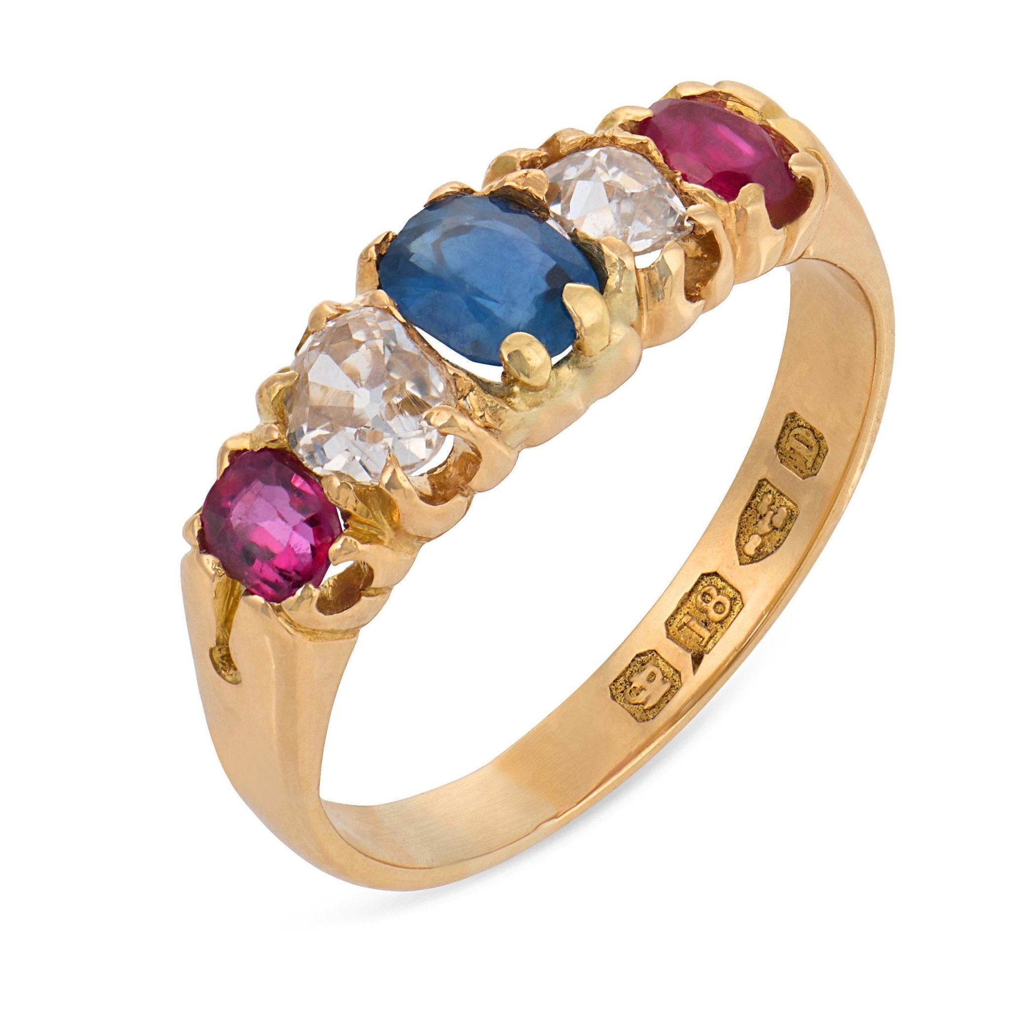 Victorian English sapphire ruby diamond 18k yellow gold five stone ring