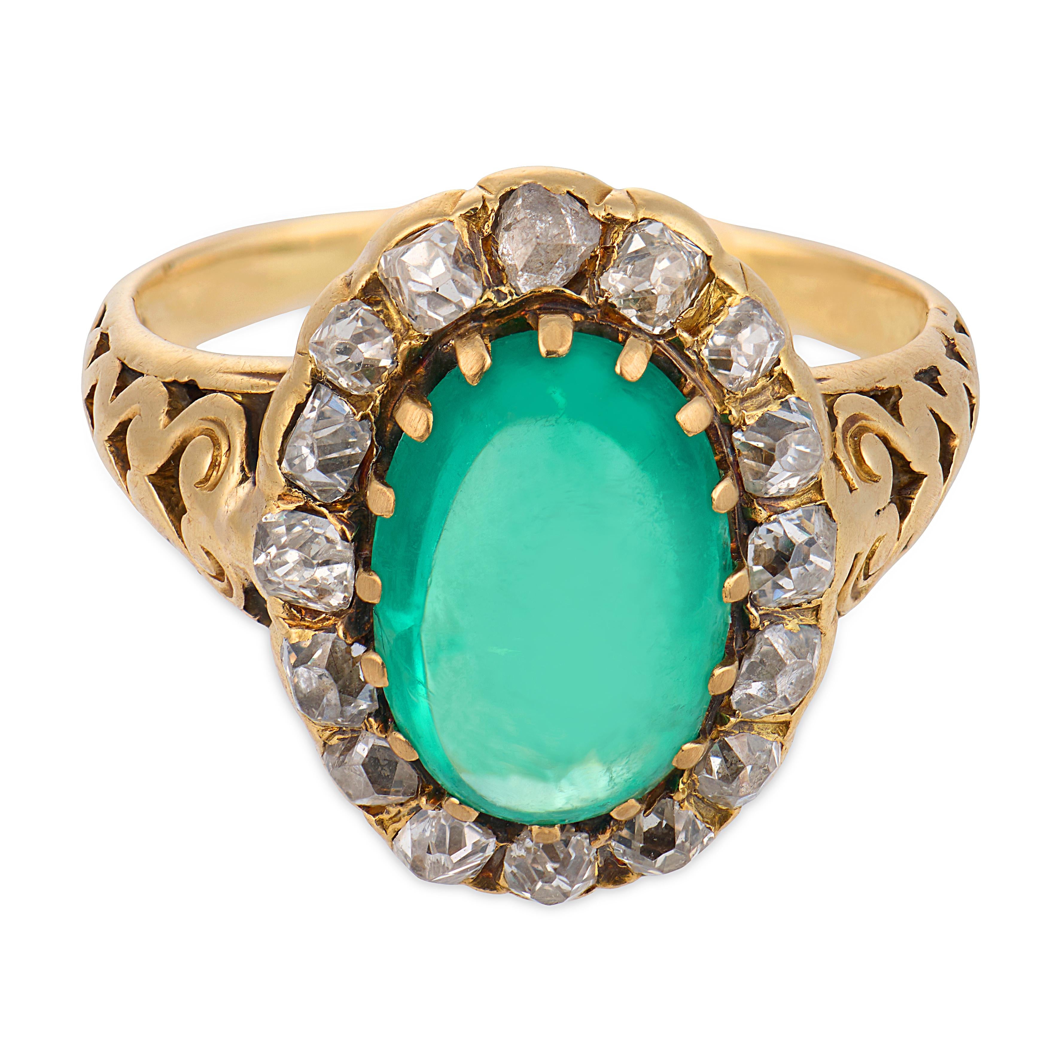 Victorian 3.00 carat emerald diamond 18k yellow gold cluster ring
