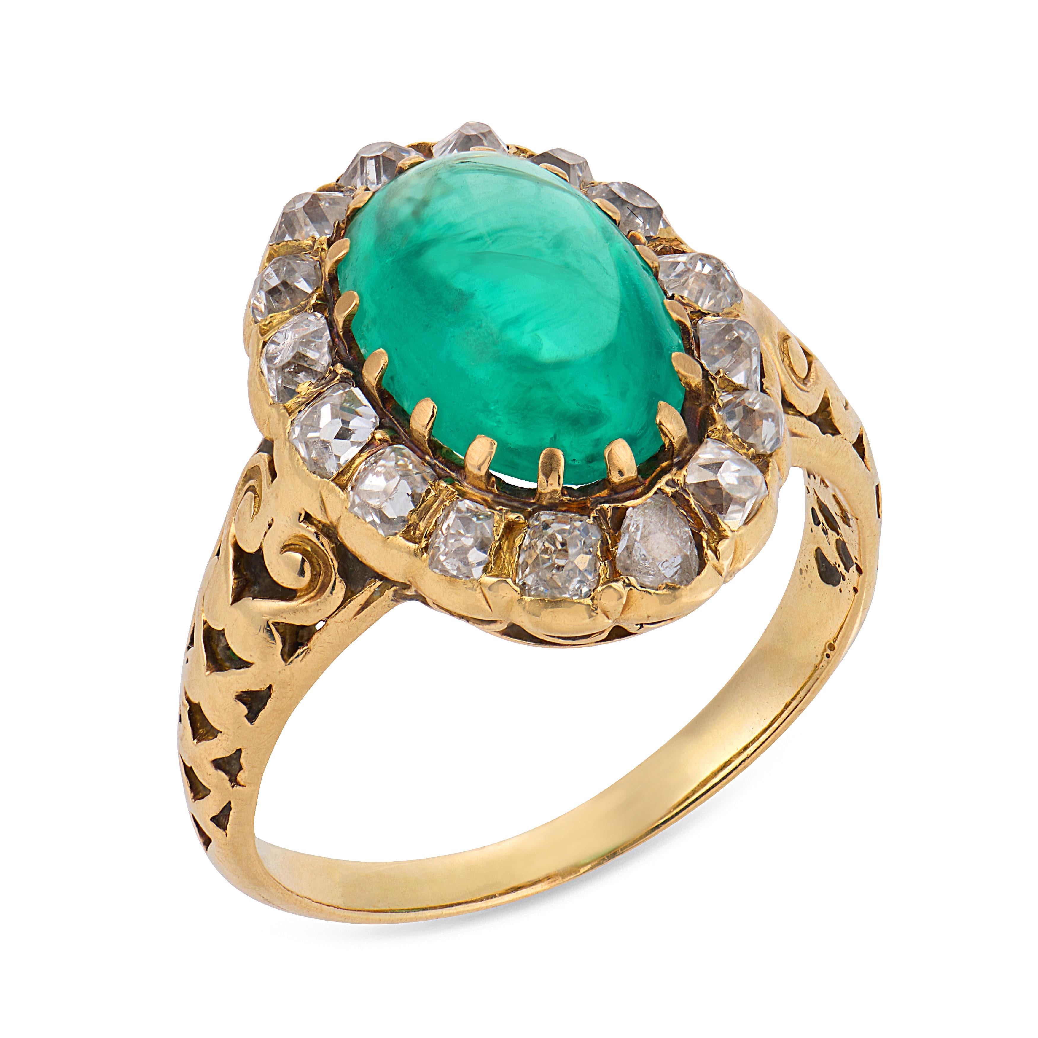 Victorian 3.00 carat emerald diamond 18k yellow gold cluster ring