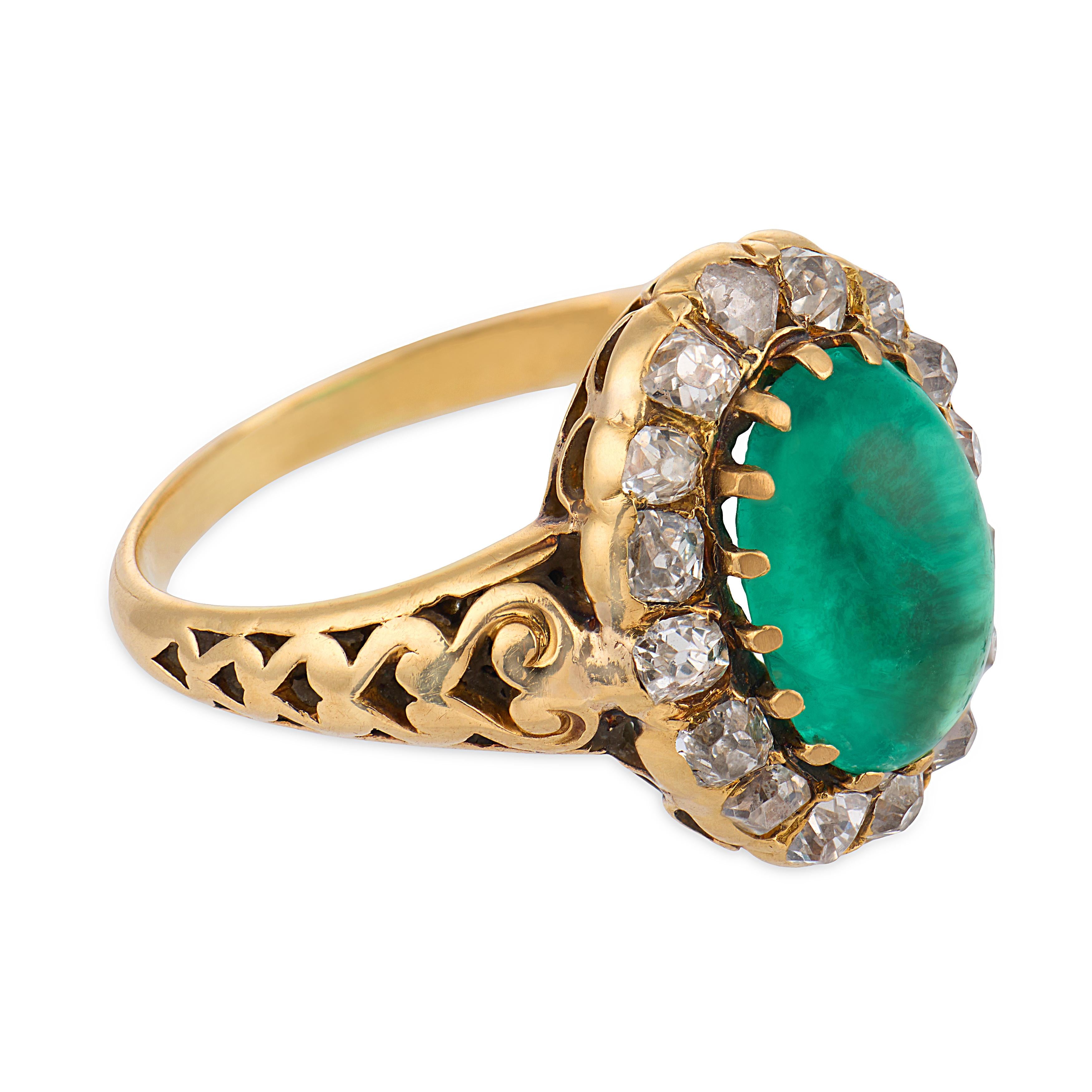 Victorian 3.00 carat emerald diamond 18k yellow gold cluster ring