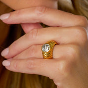 Retro 3.80 carat old mine cut diamond 18k yellow gold bezel ring
