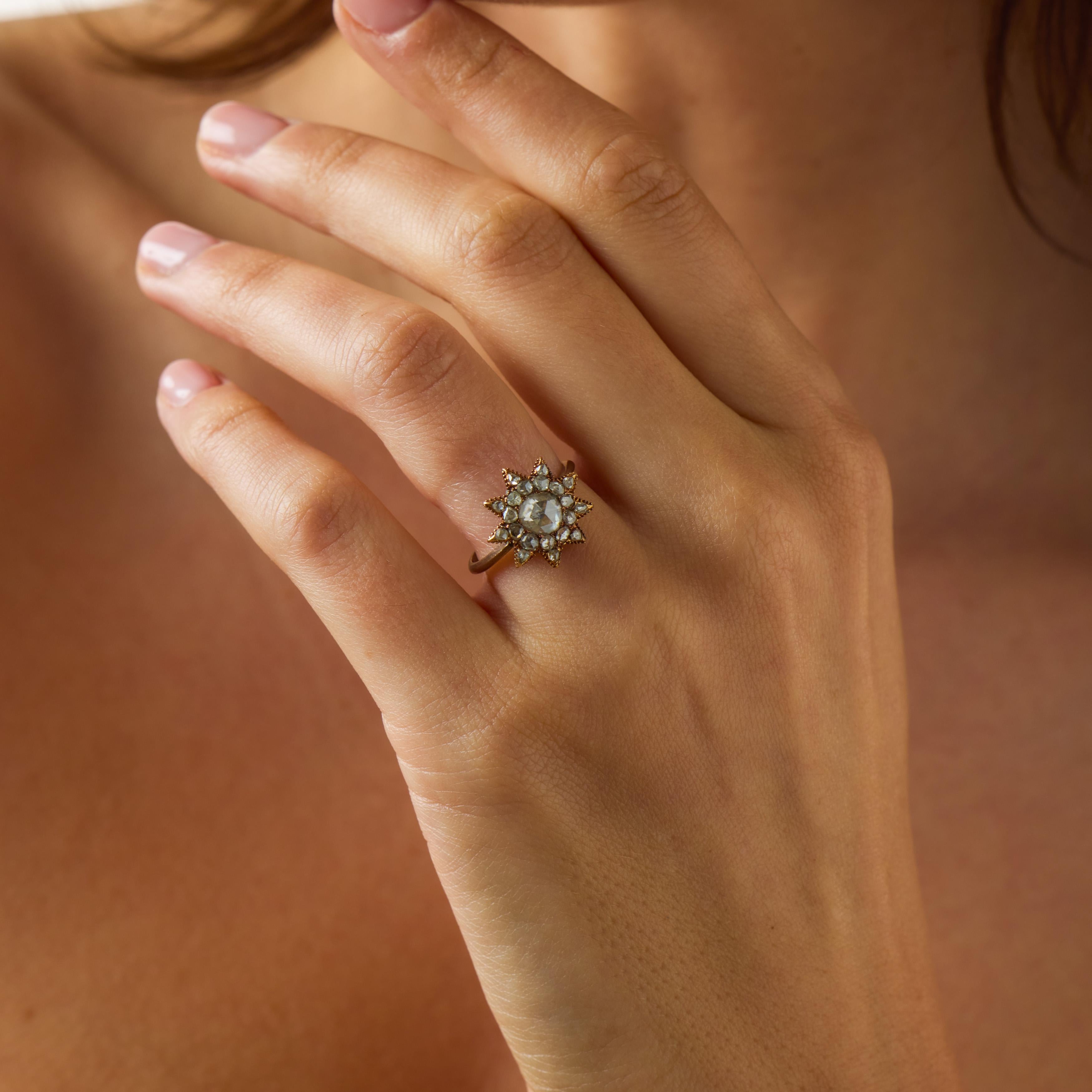 Victorian rose cut diamond 9k yellow gold star ring