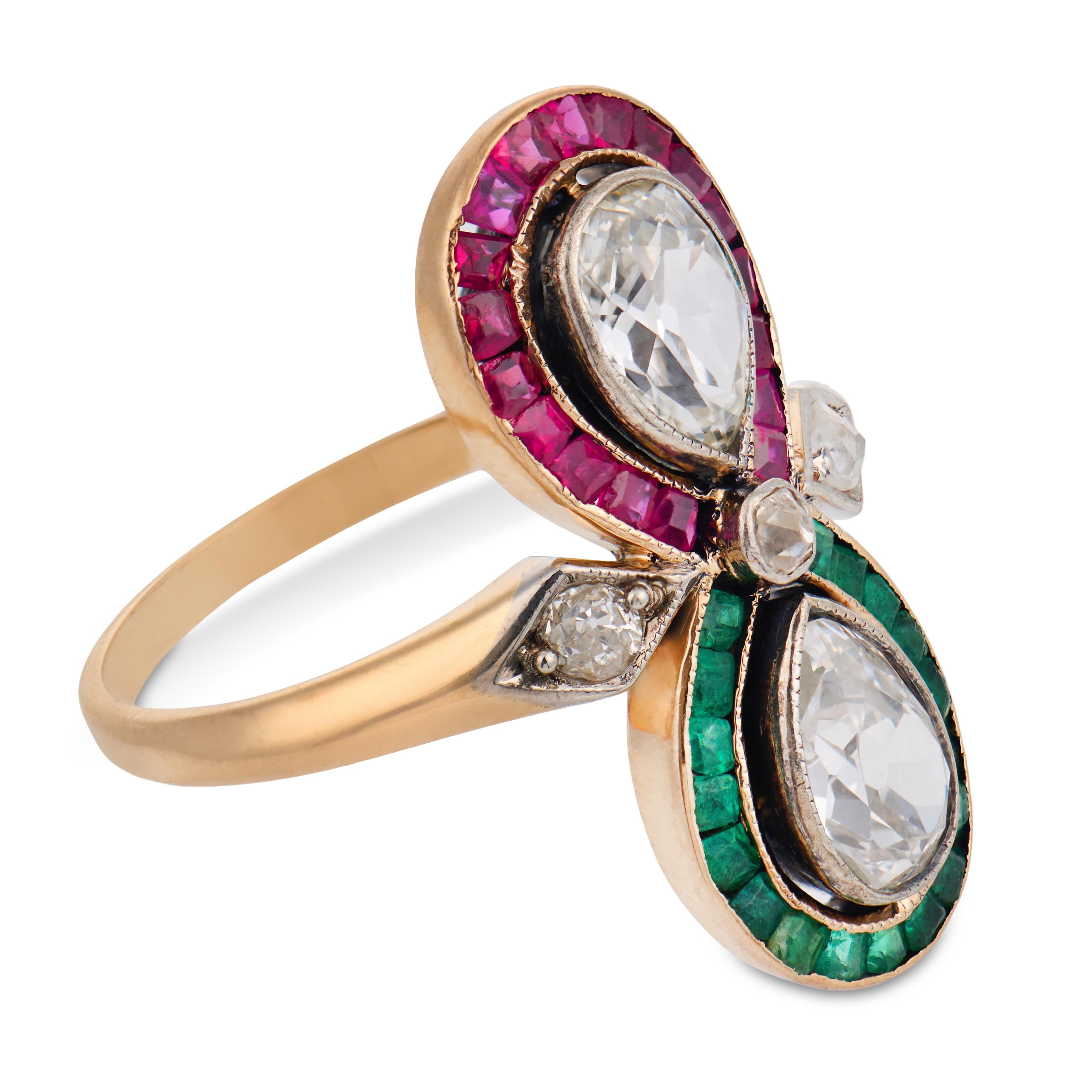 Edwardian diamond ruby emerald 14k yellow gold Toi Et Moi ring