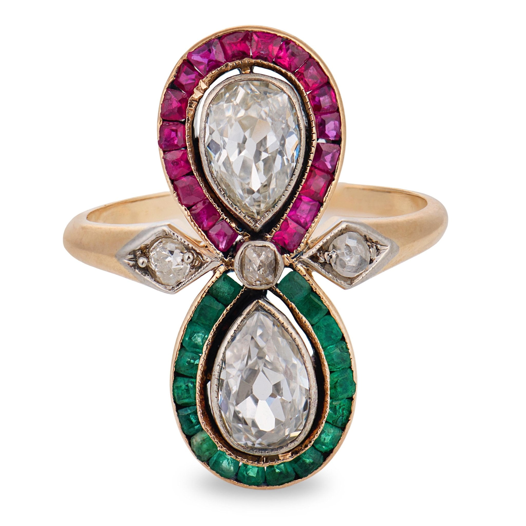 Edwardian diamond ruby emerald 14k yellow gold Toi Et Moi ring