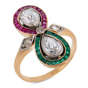 Edwardian diamond ruby emerald 14k yellow gold Toi Et Moi ring
