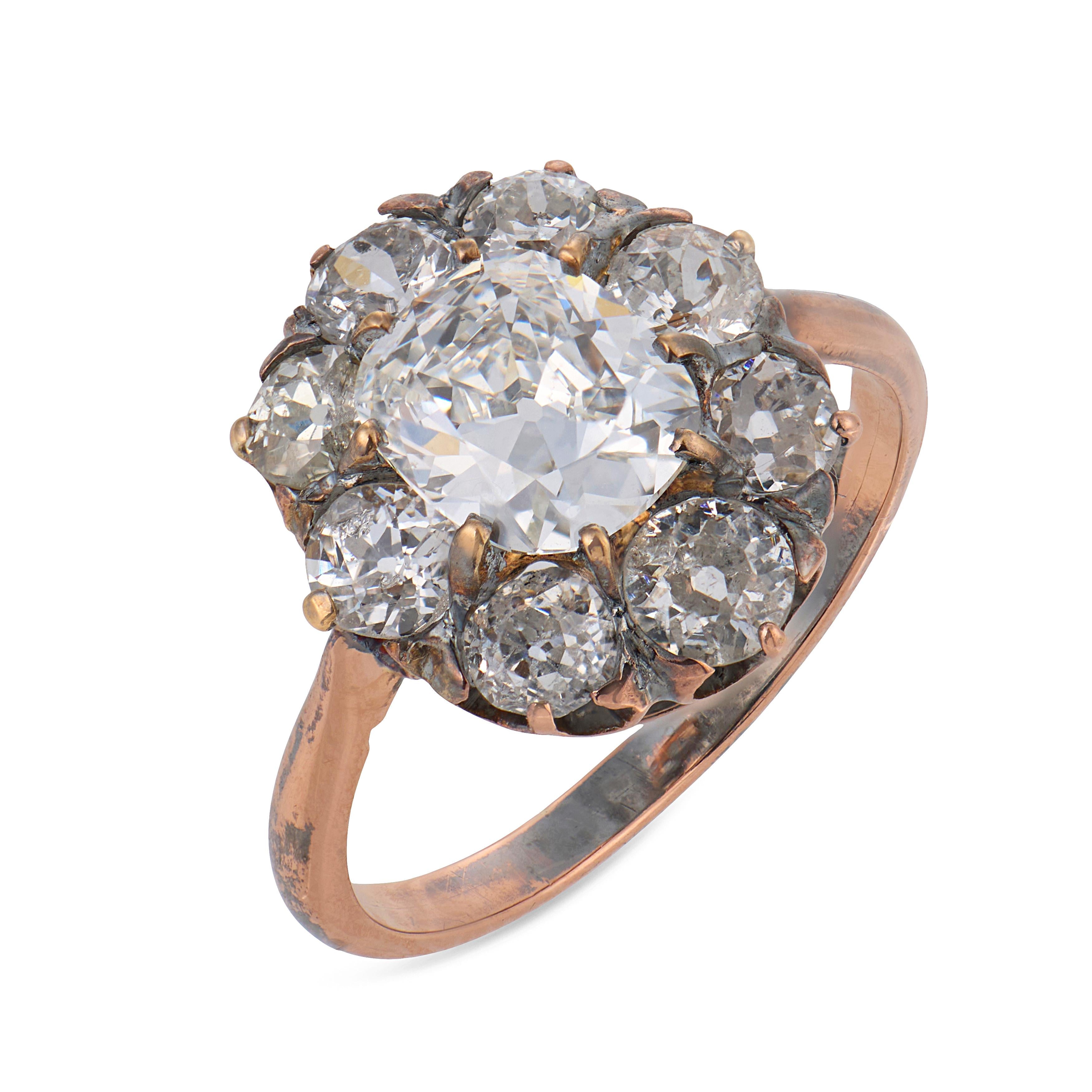 Victorian GIA 1.06 carat diamond 14k gold and silver cluster ring