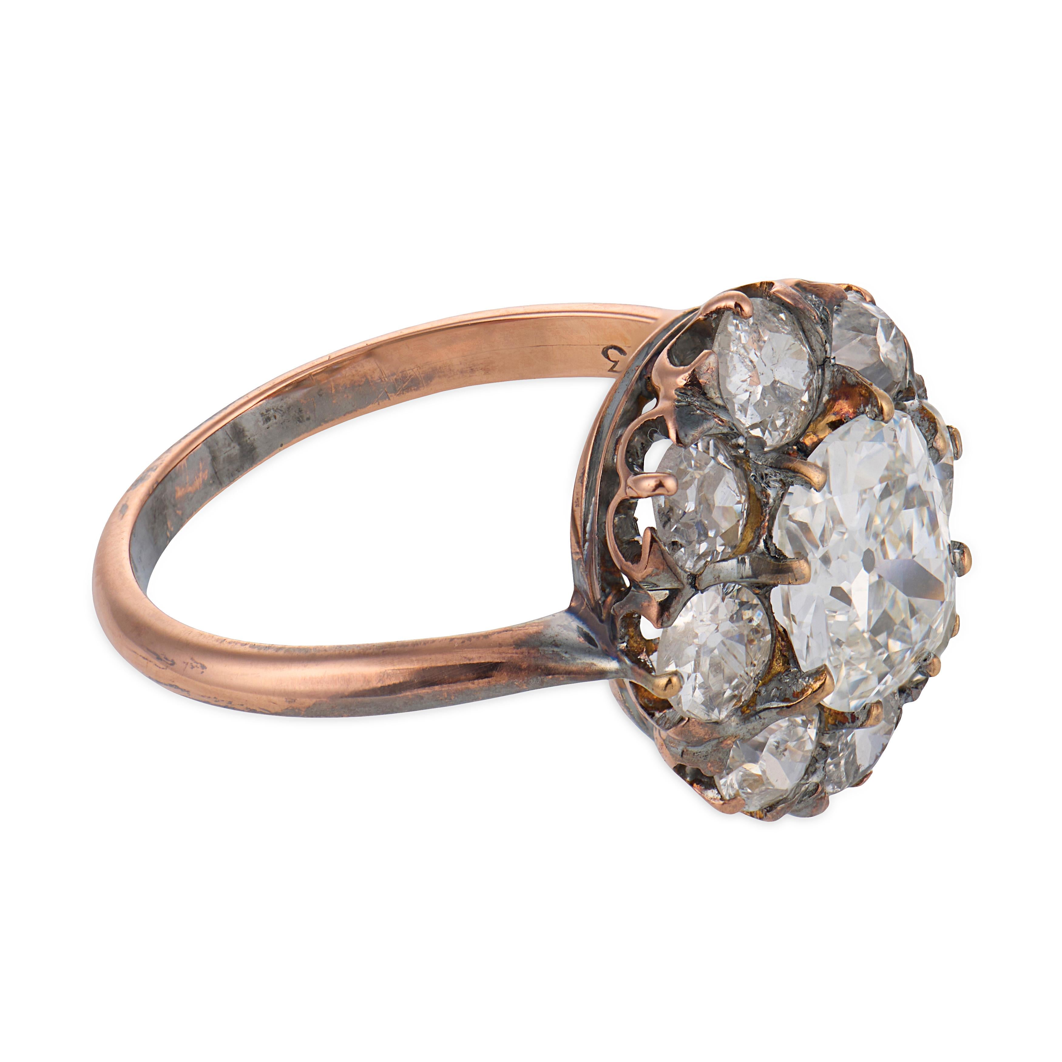 Victorian GIA 1.06 carat diamond 14k gold and silver cluster ring