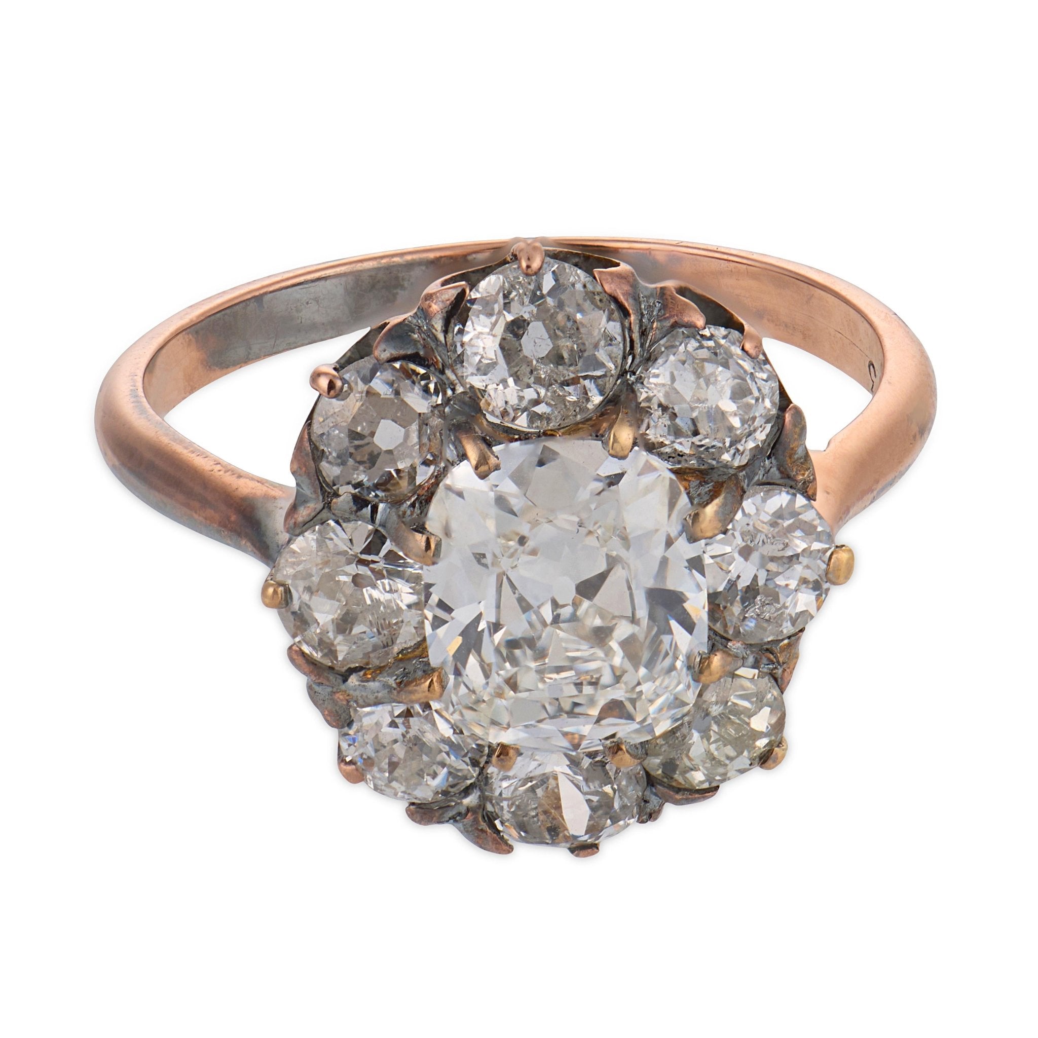 Victorian GIA 1.06 carat diamond 14k gold and silver cluster ring