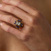 Victorian 1.25 carat old mine cut diamond 14k yellow gold enamel ring